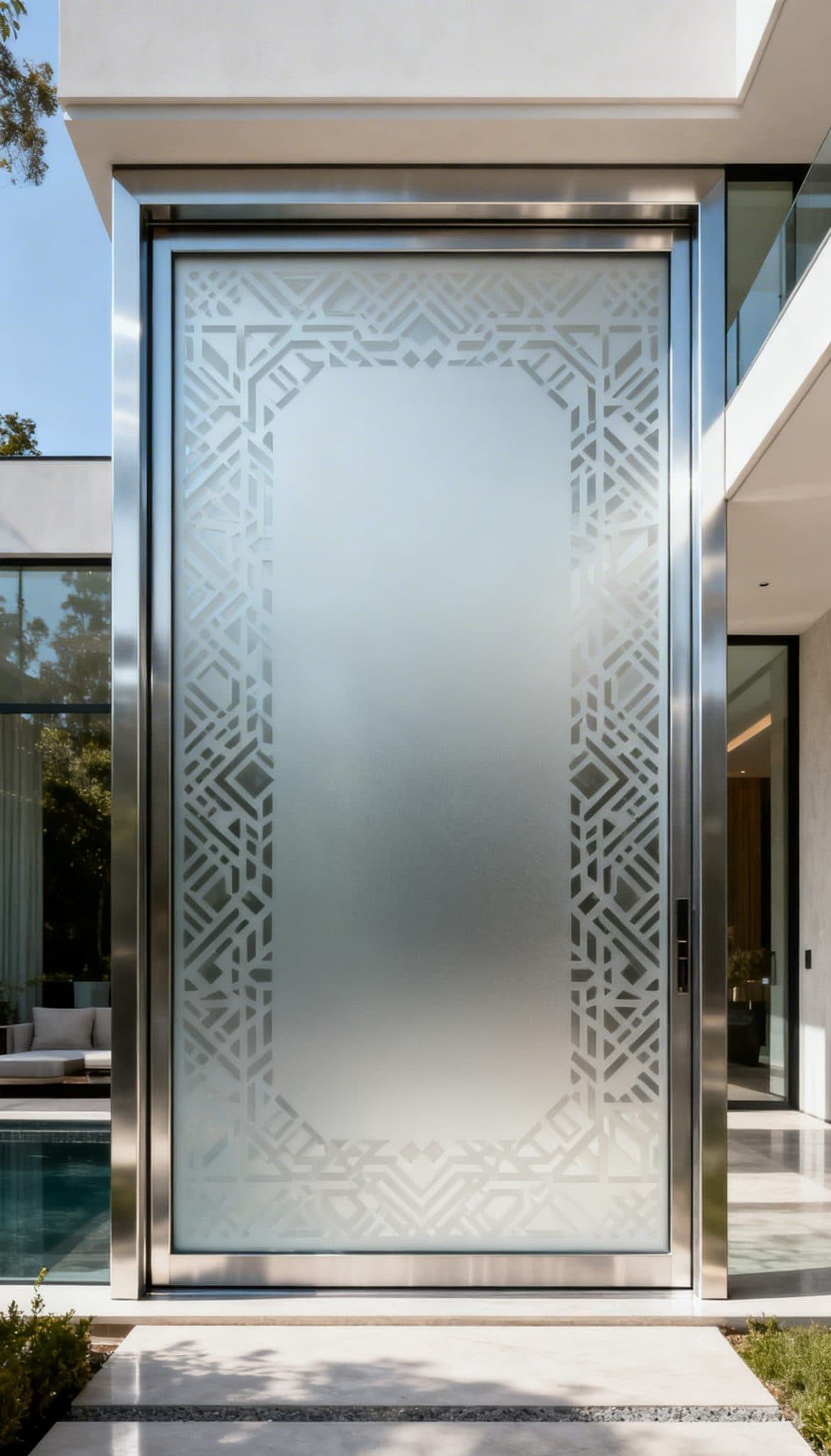 Frosted glass door with geometric border design, ideal for custom wallpaper installations in Gauteng.