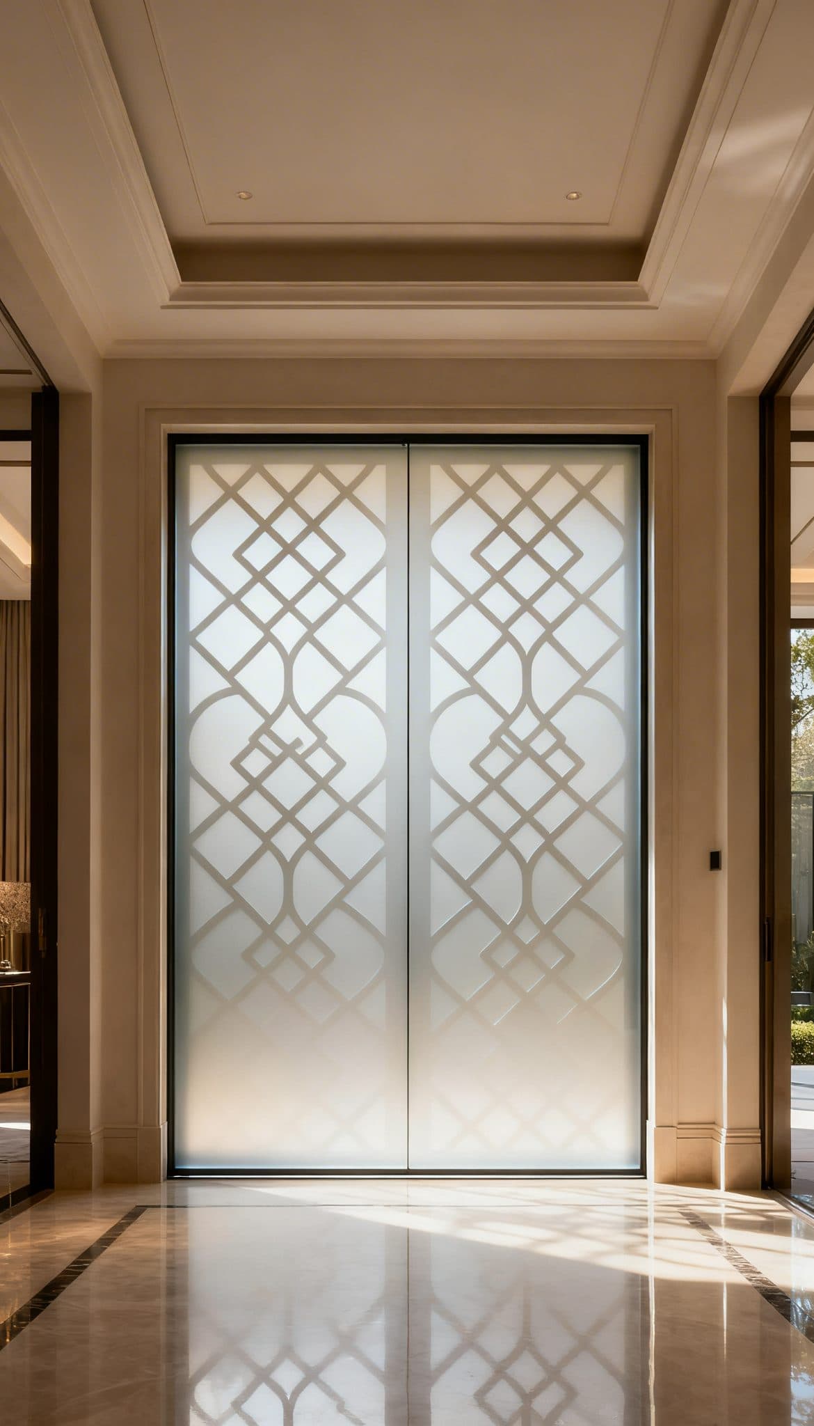 Frosted glass door with an interlocking geometric custom wallpaper design, reflecting on a polished floor.