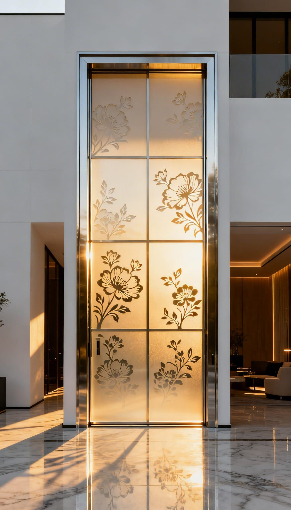 Window with golden floral glass design in a modern building, showing a custom wallpaper installation option.