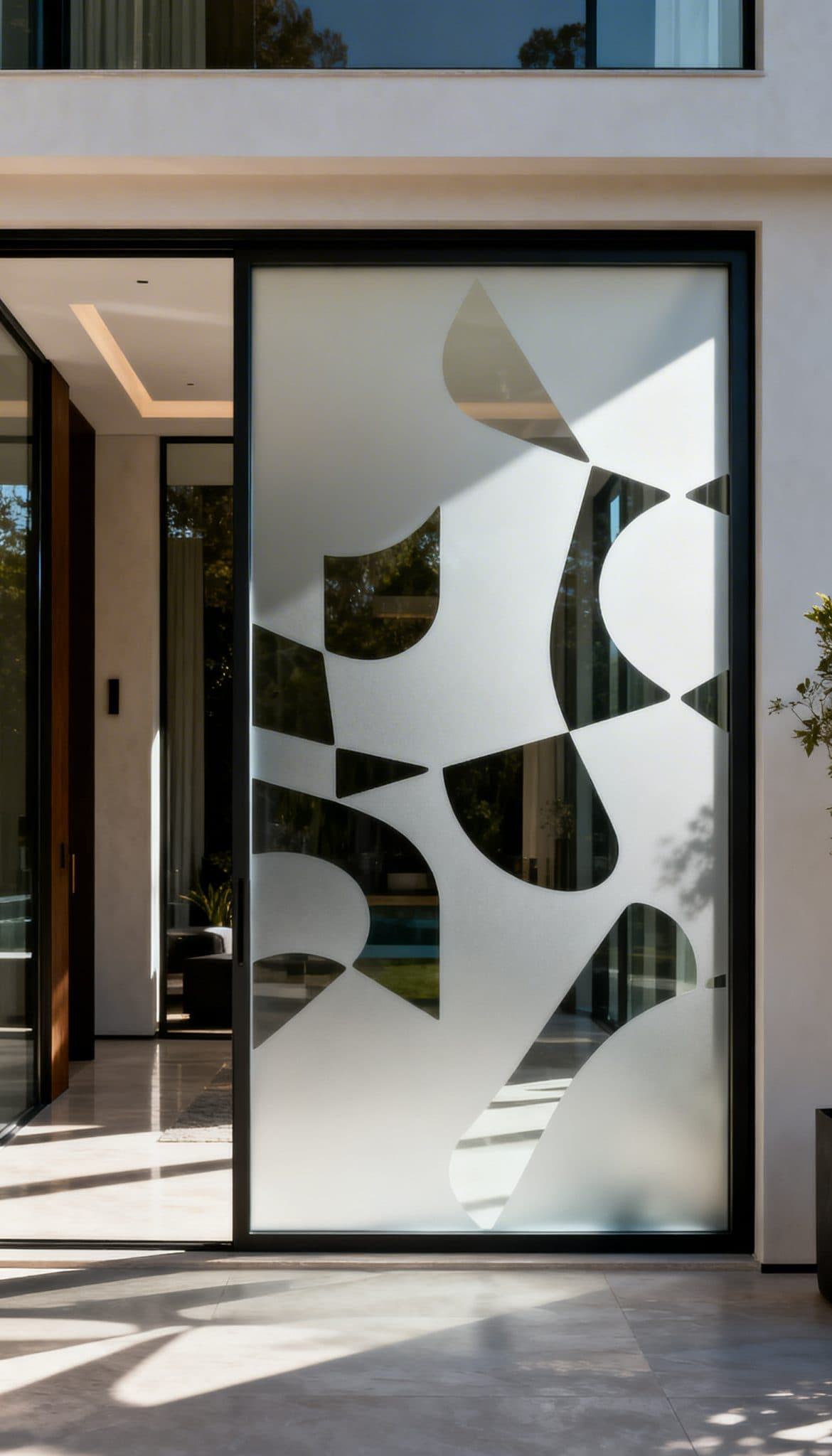 Frosted window film with abstract shapes on an exterior glass door, perfect for modern custom wallpaper installations in Gaut