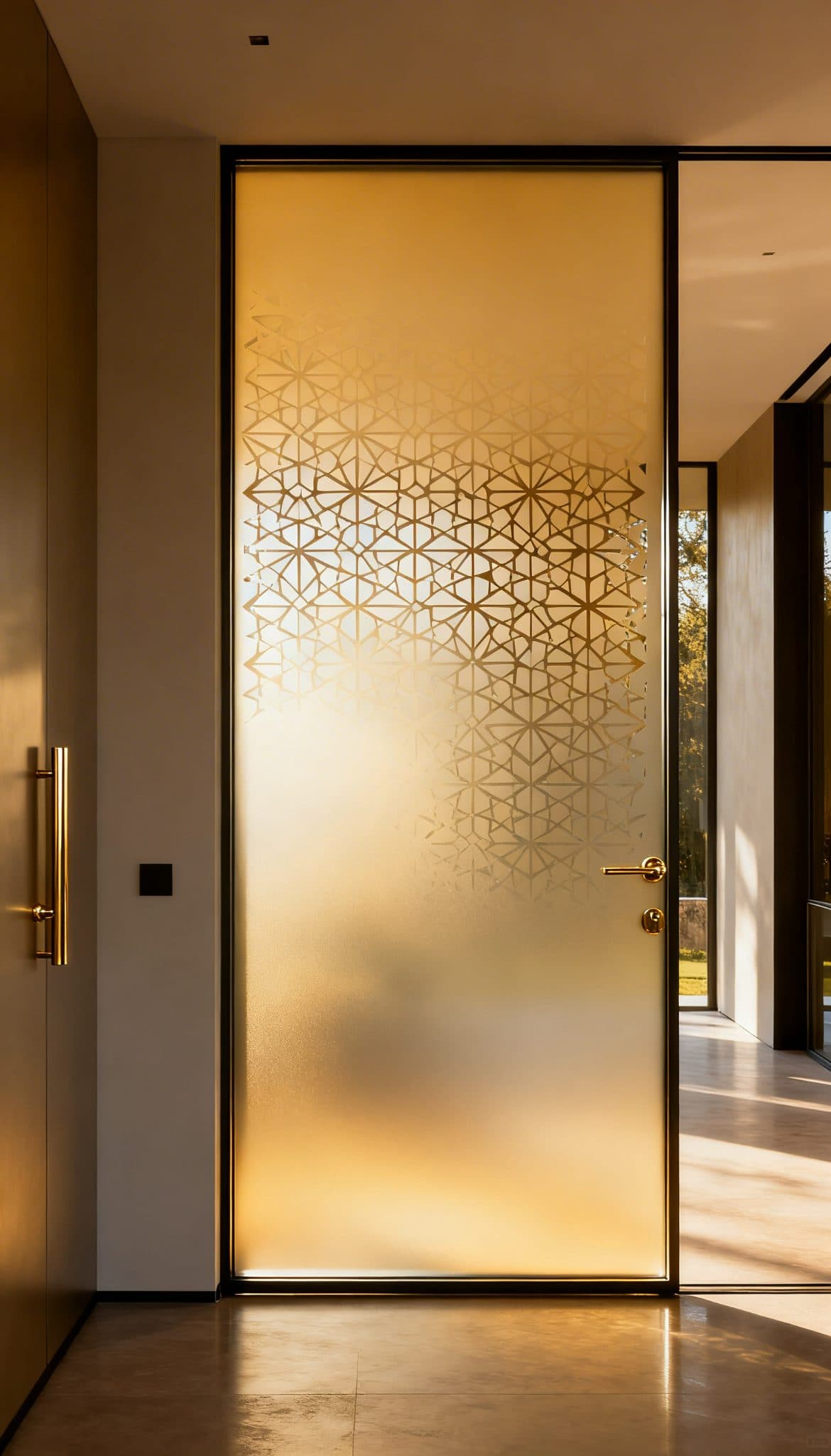 Gold geometric frosted glass door in a modern entryway, a custom wallpaper installation.