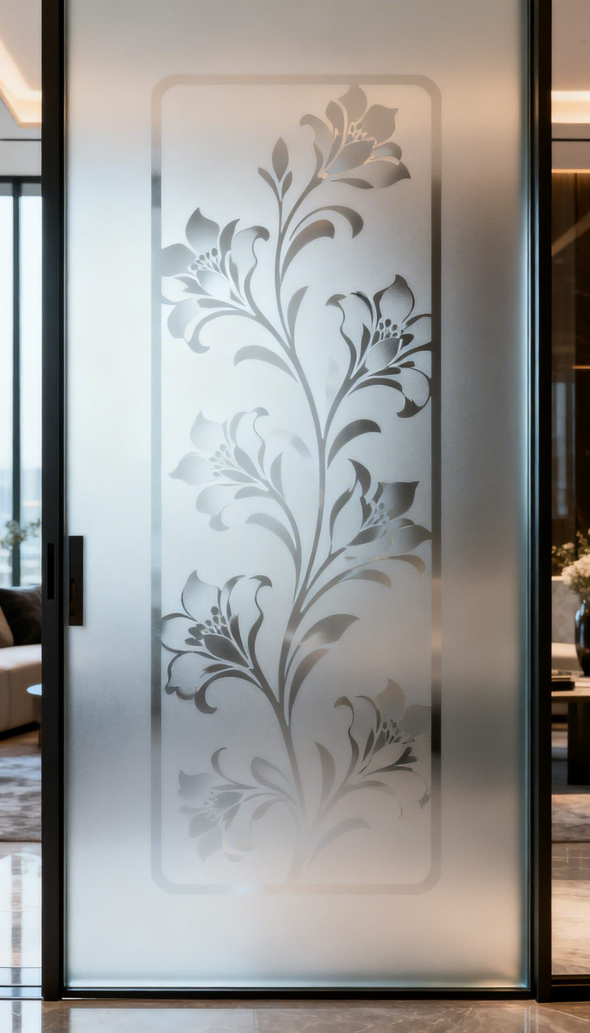 Frosted window film with vertical floral border design, resembling custom wallpaper art.