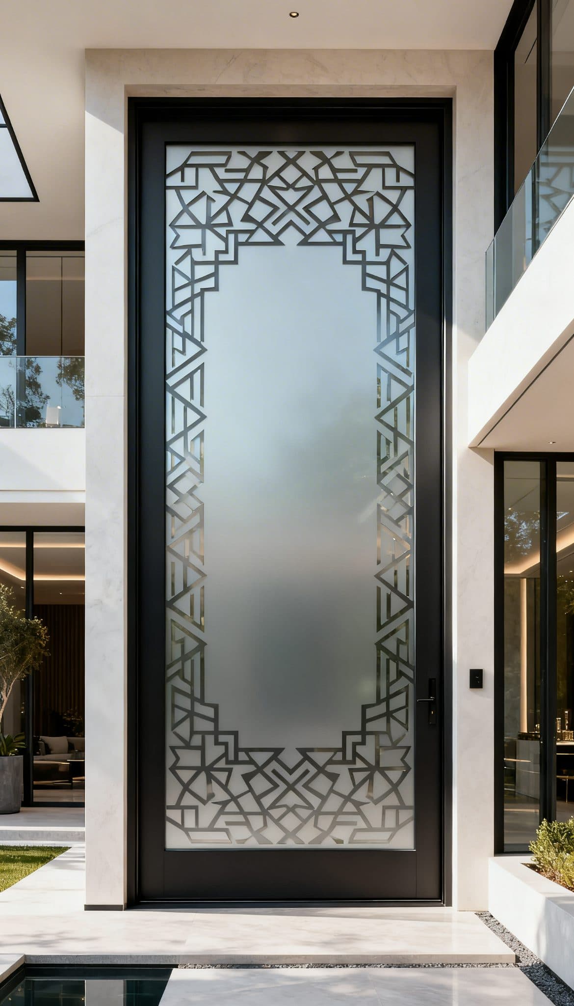 Geometric border privacy film on a modern entrance door. Custom wallpaper installations for businesses.