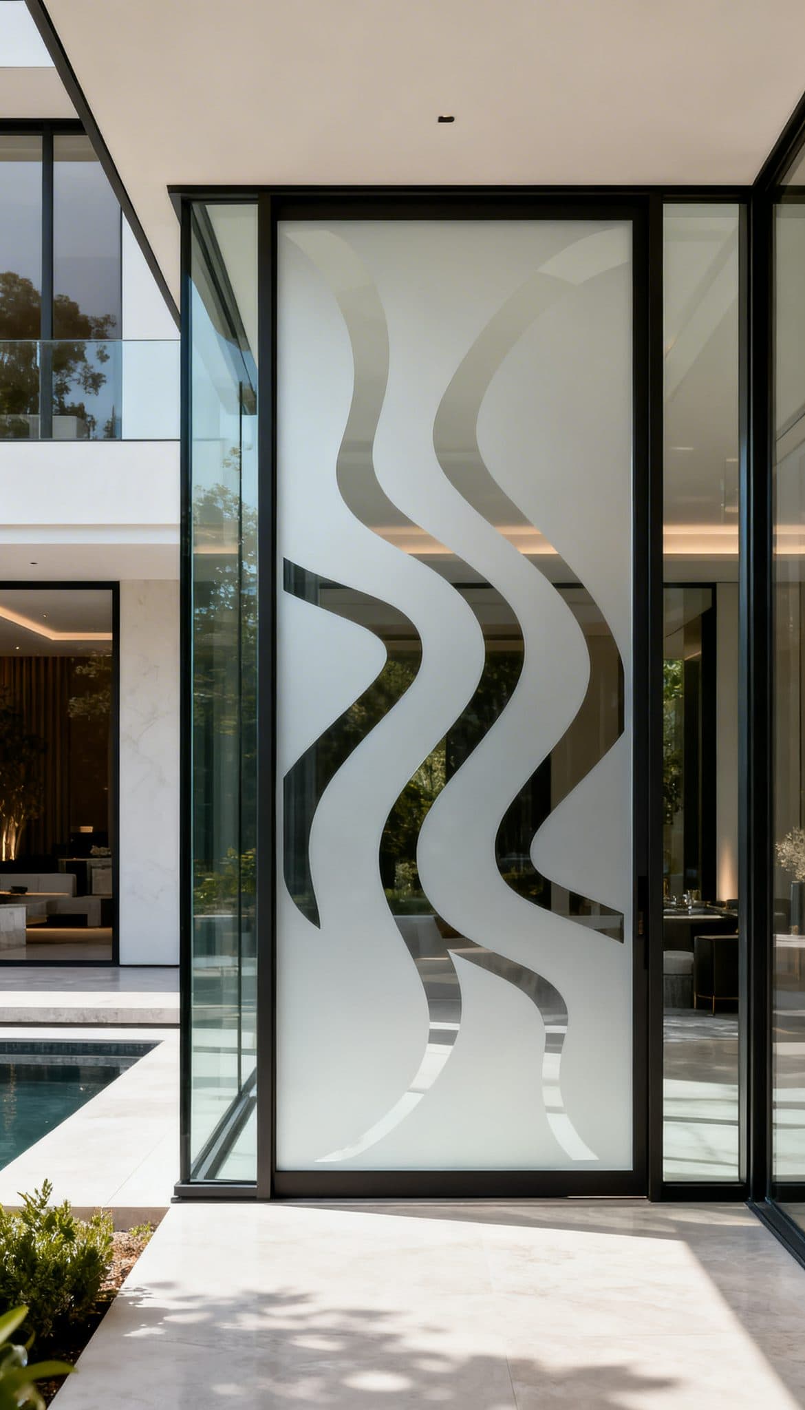 Glass window with wavy frosting design in a modern home, perfect for custom wallpaper installations.