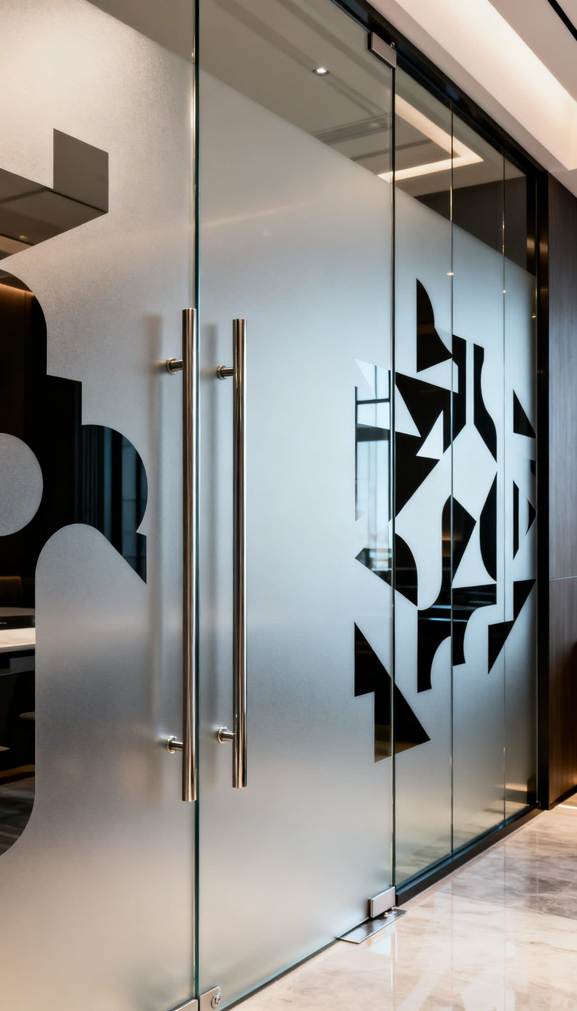 Frosted glass door with wine and whiskey glass patterns, great for an office custom wallpaper installation.