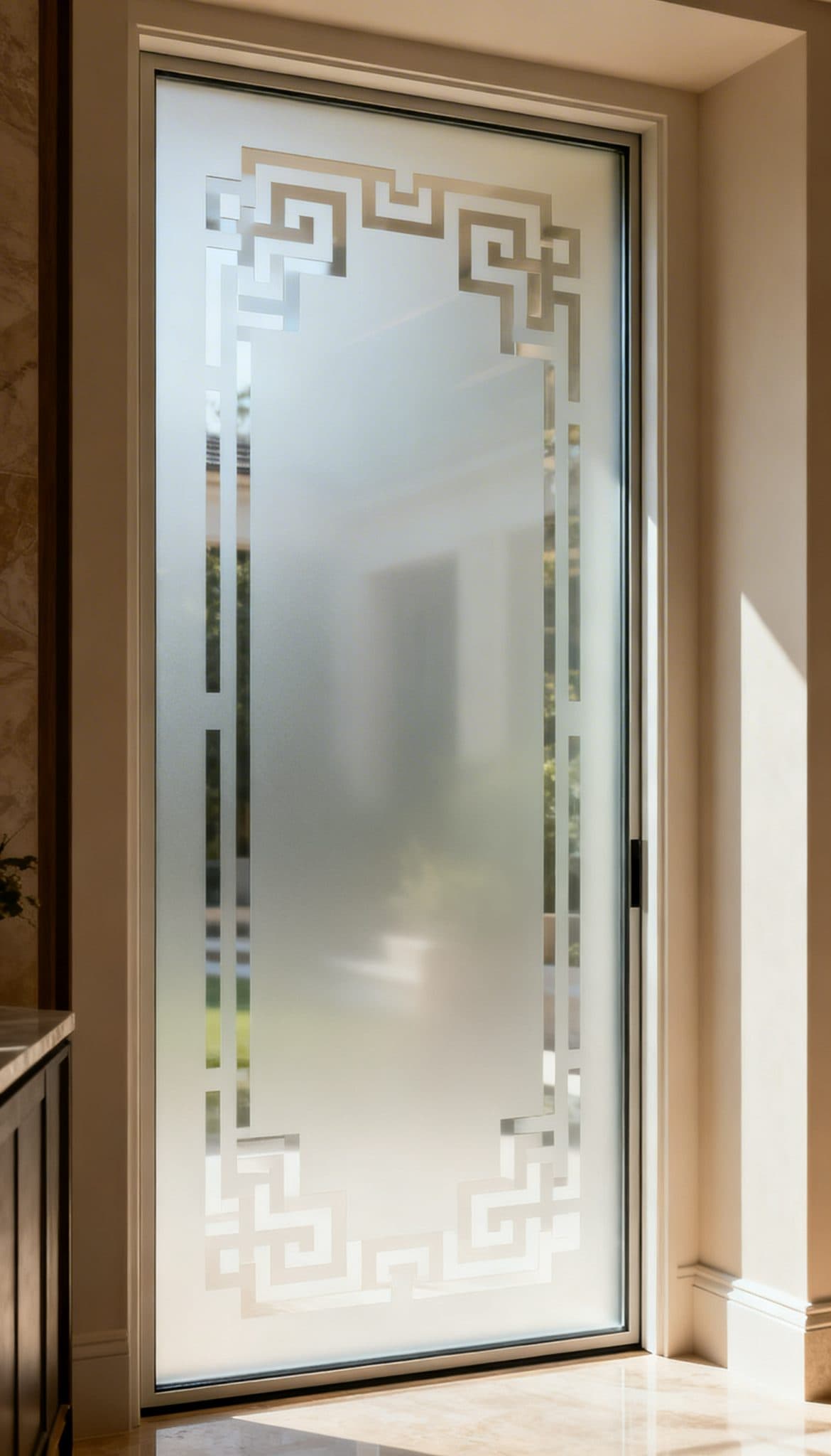 Frosted door with a Greek Key design for privacy in a modern home, perfect for custom wallpaper installations.