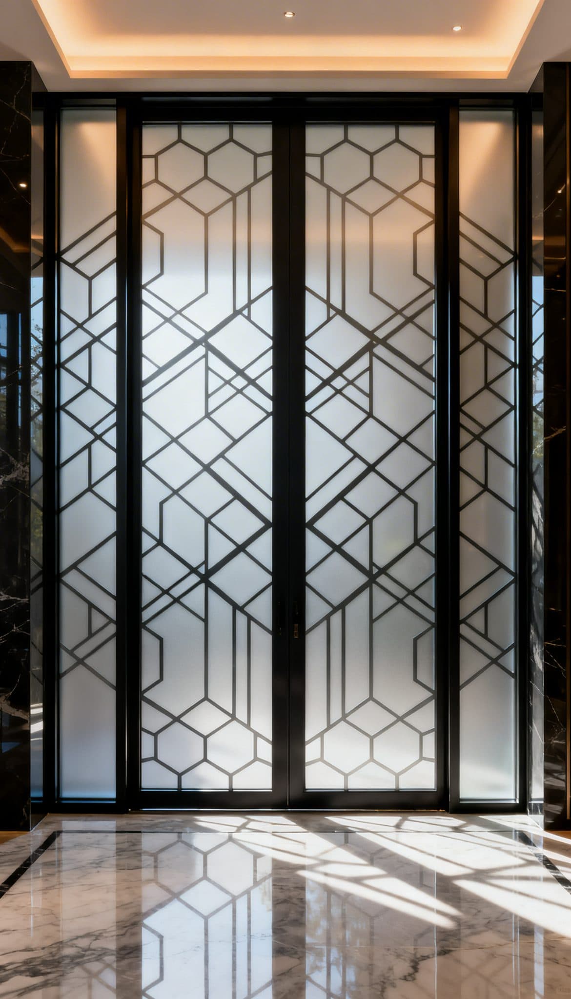 Honeycomb geometric pattern on frosted glass doors with light reflection, perfect for any custom wallpaper installation.