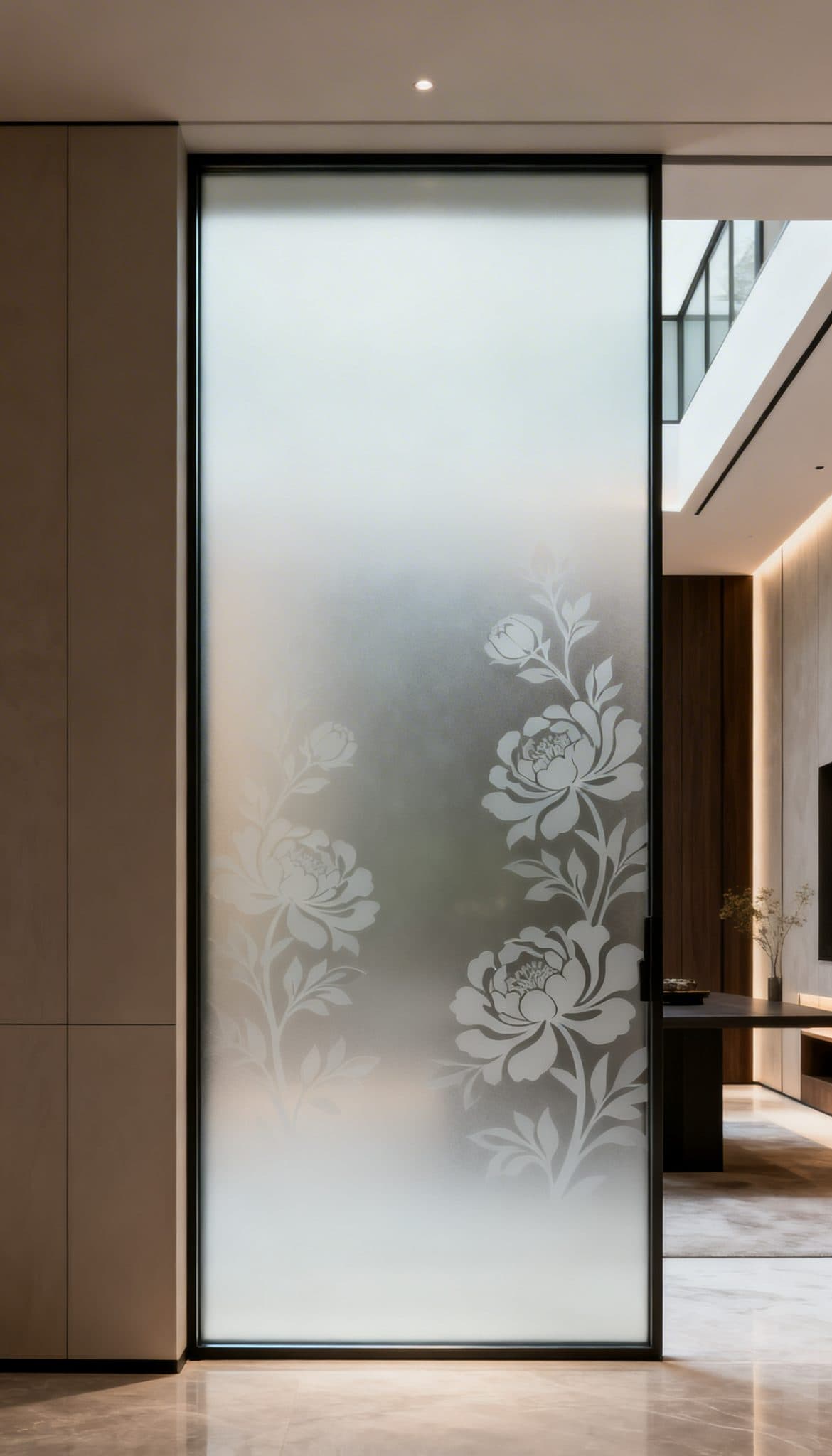 Frosted glass door with floral design in a modern room, perfect for custom wallpaper installations in Gauteng.
