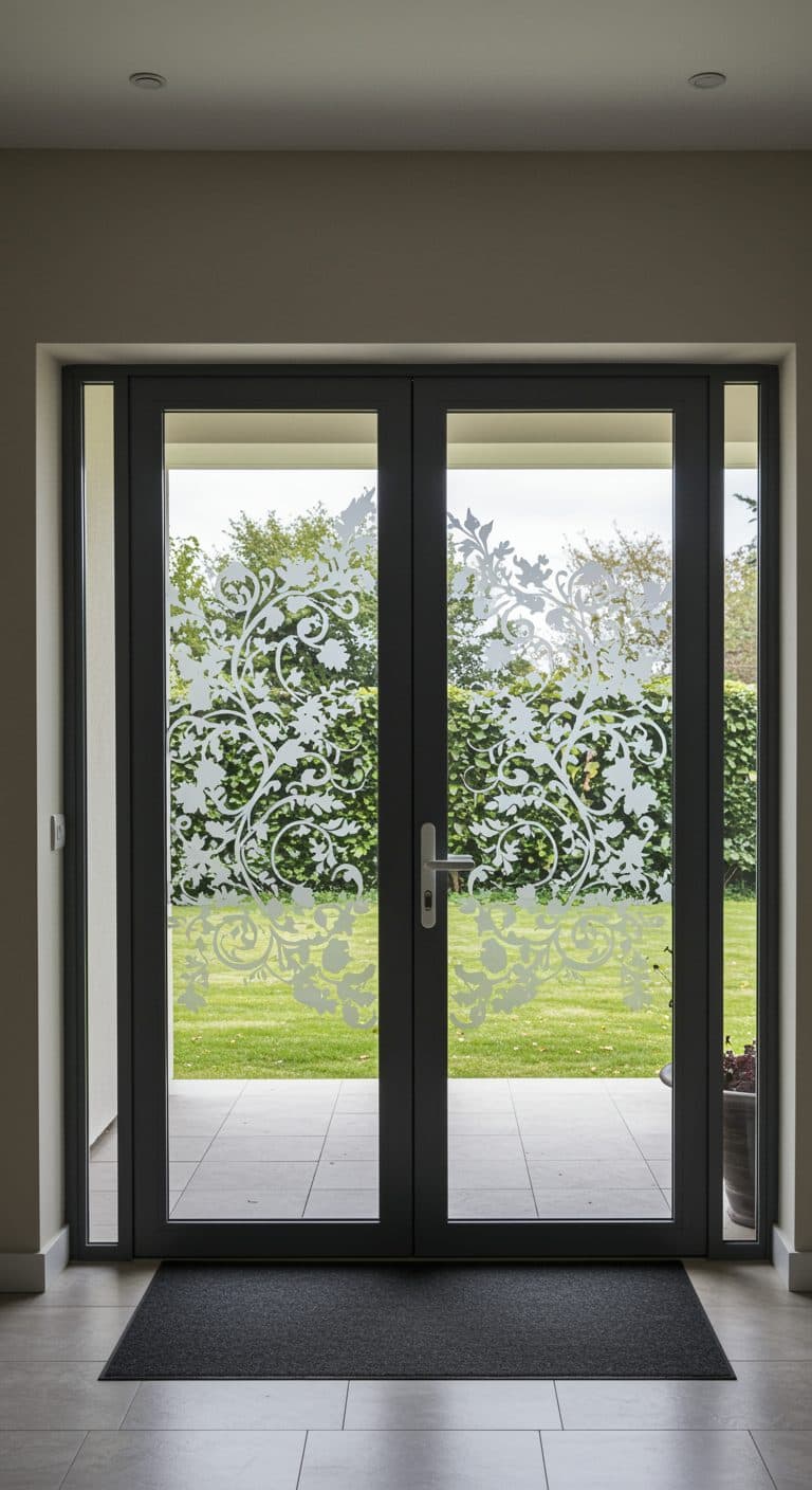 Glass french door with elegant frosted scrollwork, ideal for custom wallpaper installations in homes.