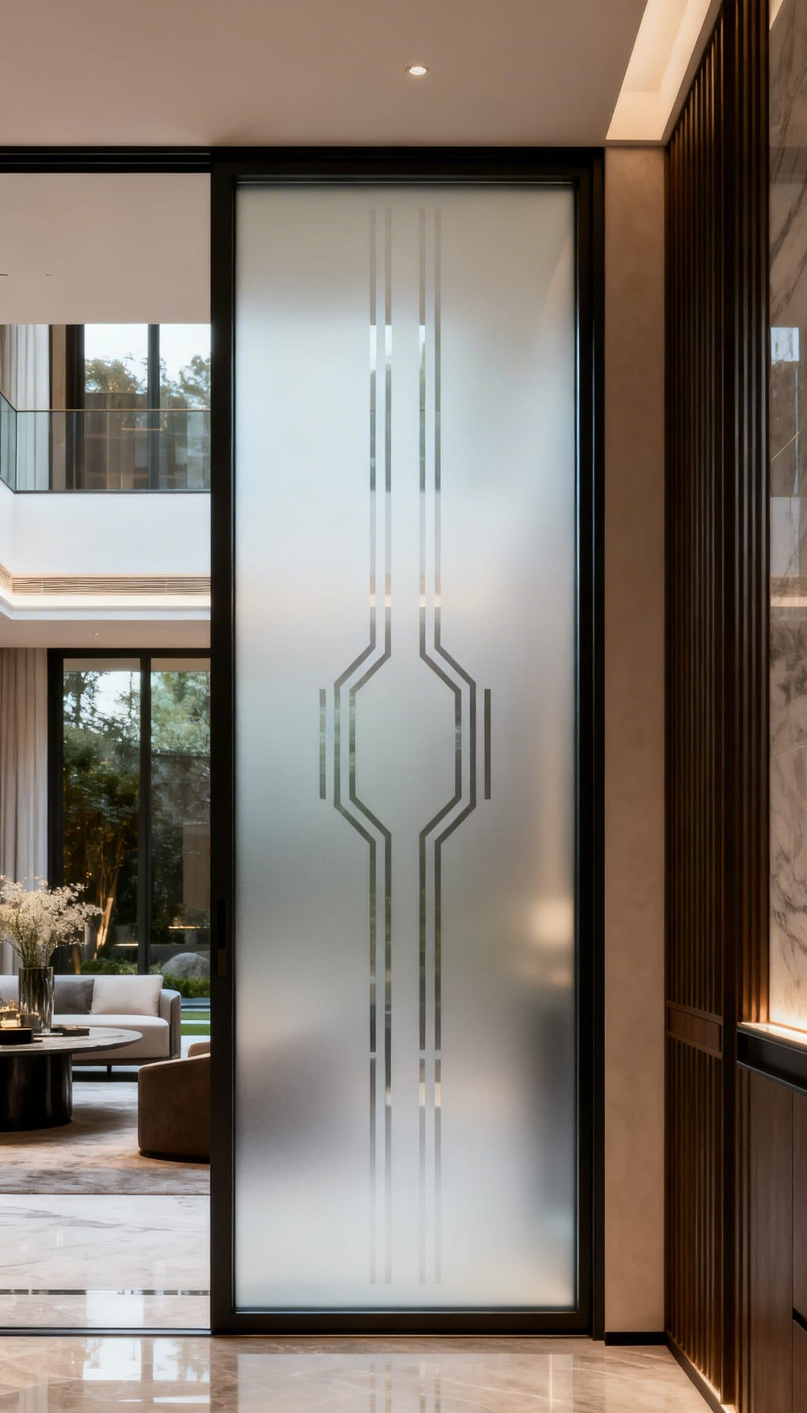 Frosted window film with geometric pattern in a modern interior, ideal for wallpaper installations in Gauteng.