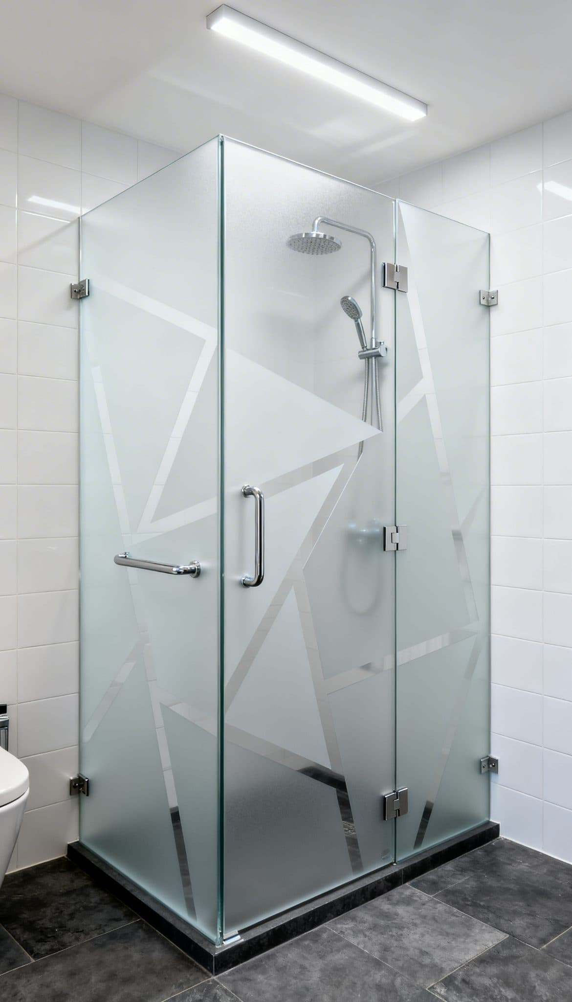 Geometric frosted window film on a shower screen, available for wallpaper installations in Gauteng.