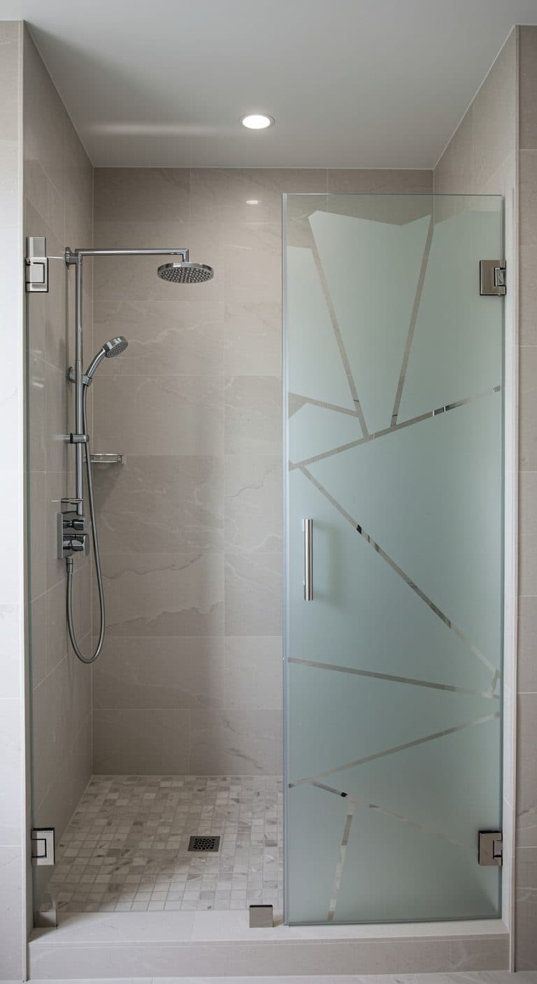 Frosted shower door with geometric pattern in a modern bathroom, perfect for custom wallpaper installations.