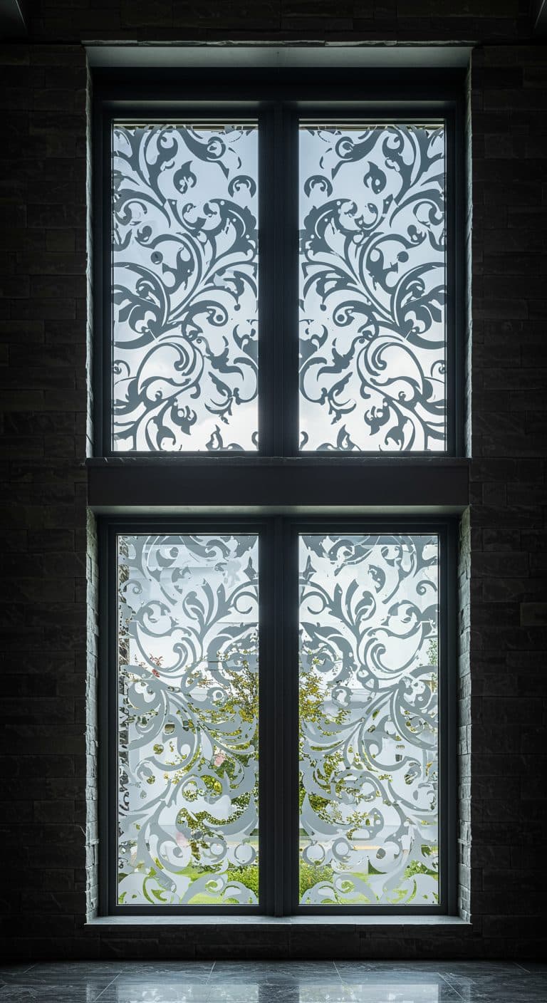 Elegant floral window film frosting a tall window, perfect for privacy or as custom wallpaper.