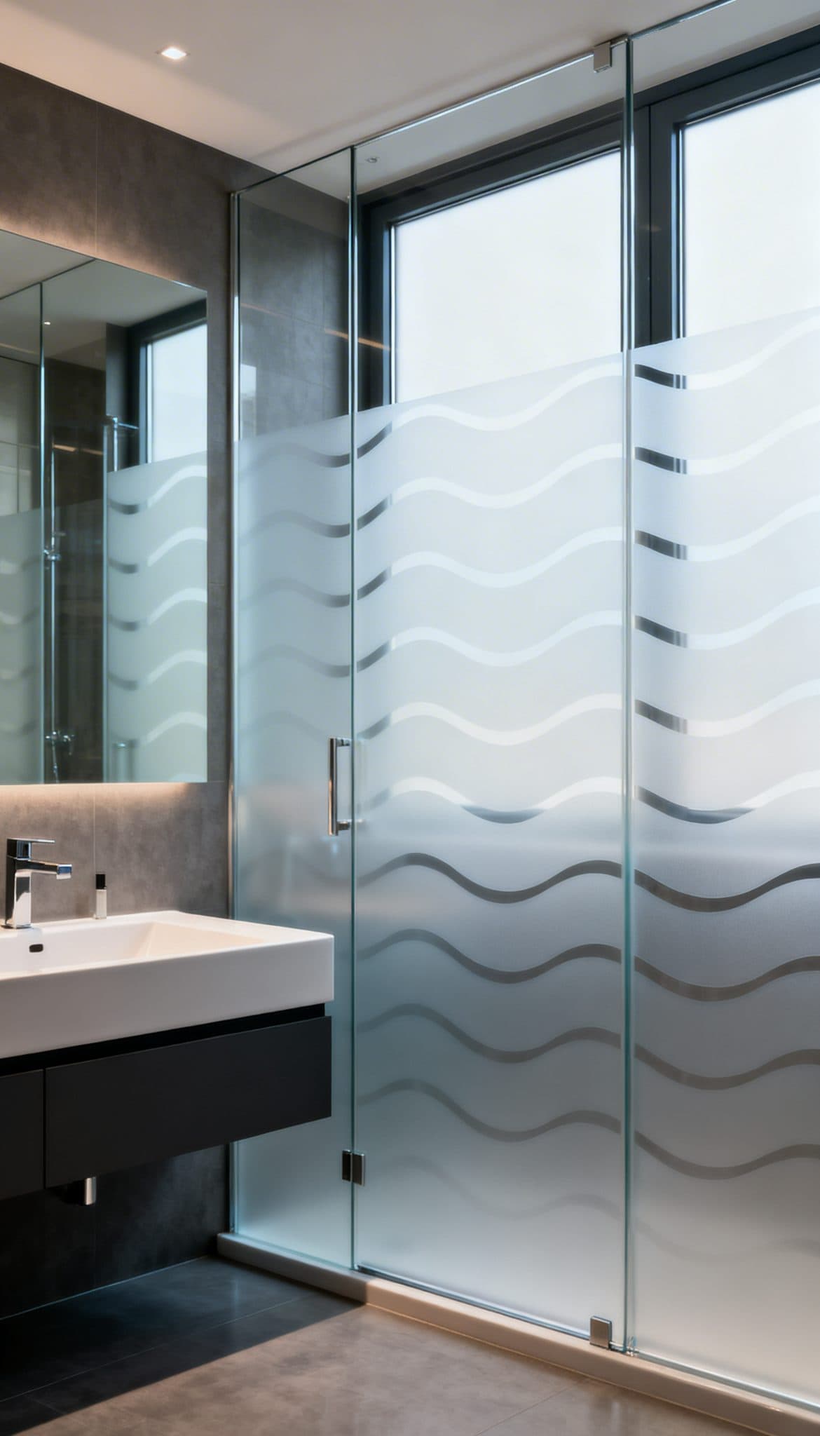 Wavy frosted window film on a bathroom shower screen and window for privacy and style in a modern home. Get wallpaper install