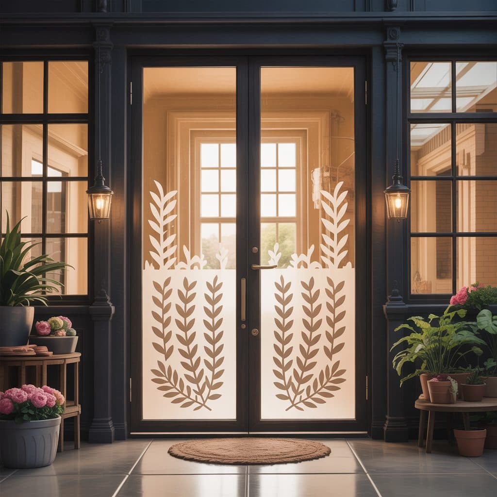 Front doors with botanical motif window frosting, ideal for custom wallpaper installations.