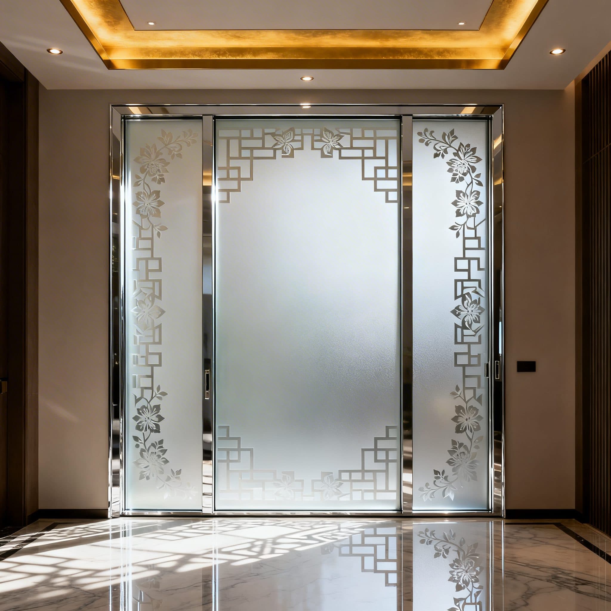Floor-to-ceiling glass sliding doors with geometric and floral privacy film, reflecting on marble floor.