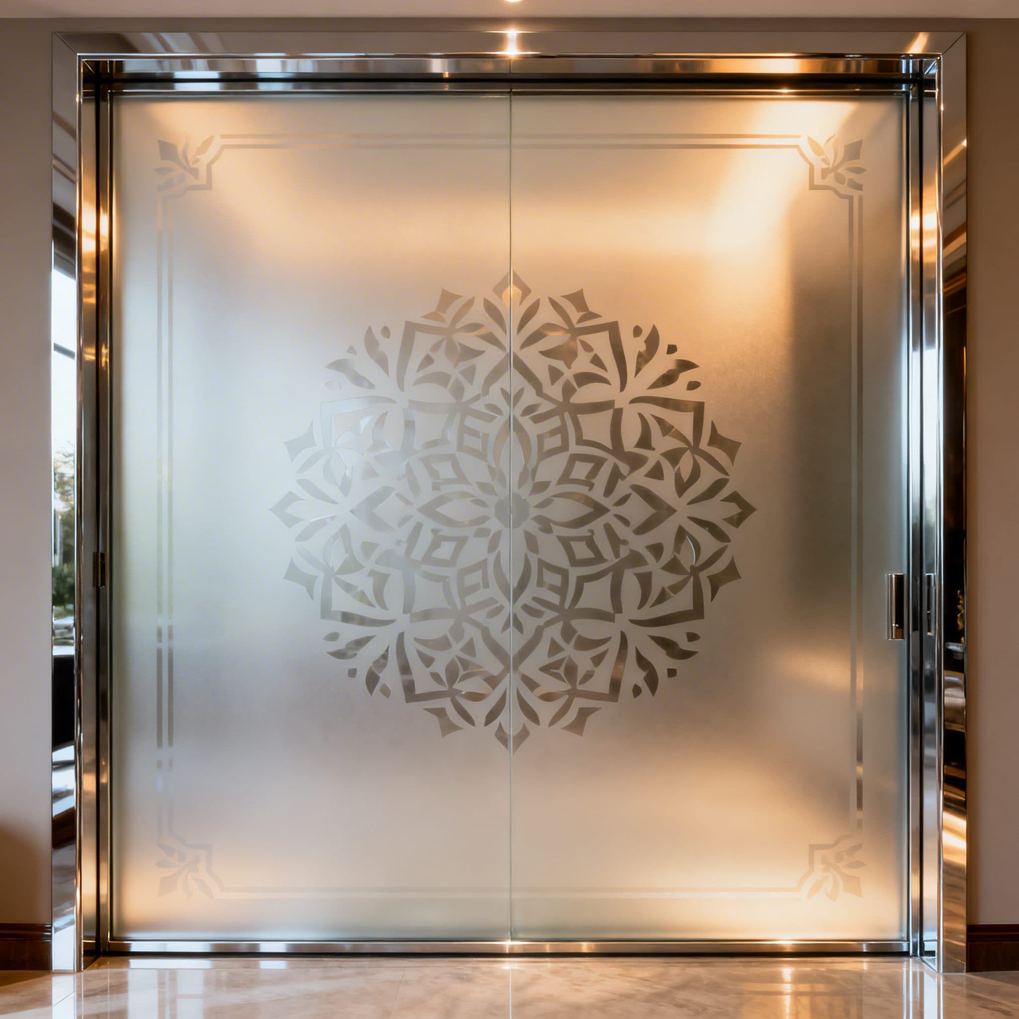 Mandala frosted glass door with a custom wallpaper design, ideal for offices or homes in Gauteng.