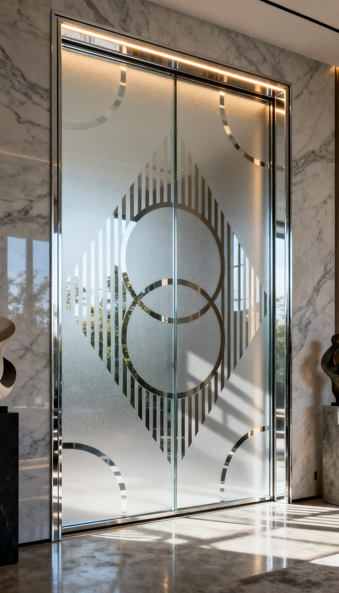 Frosted glass door with abstract rings-and-stripes design, suitable for custom wallpaper installations.
