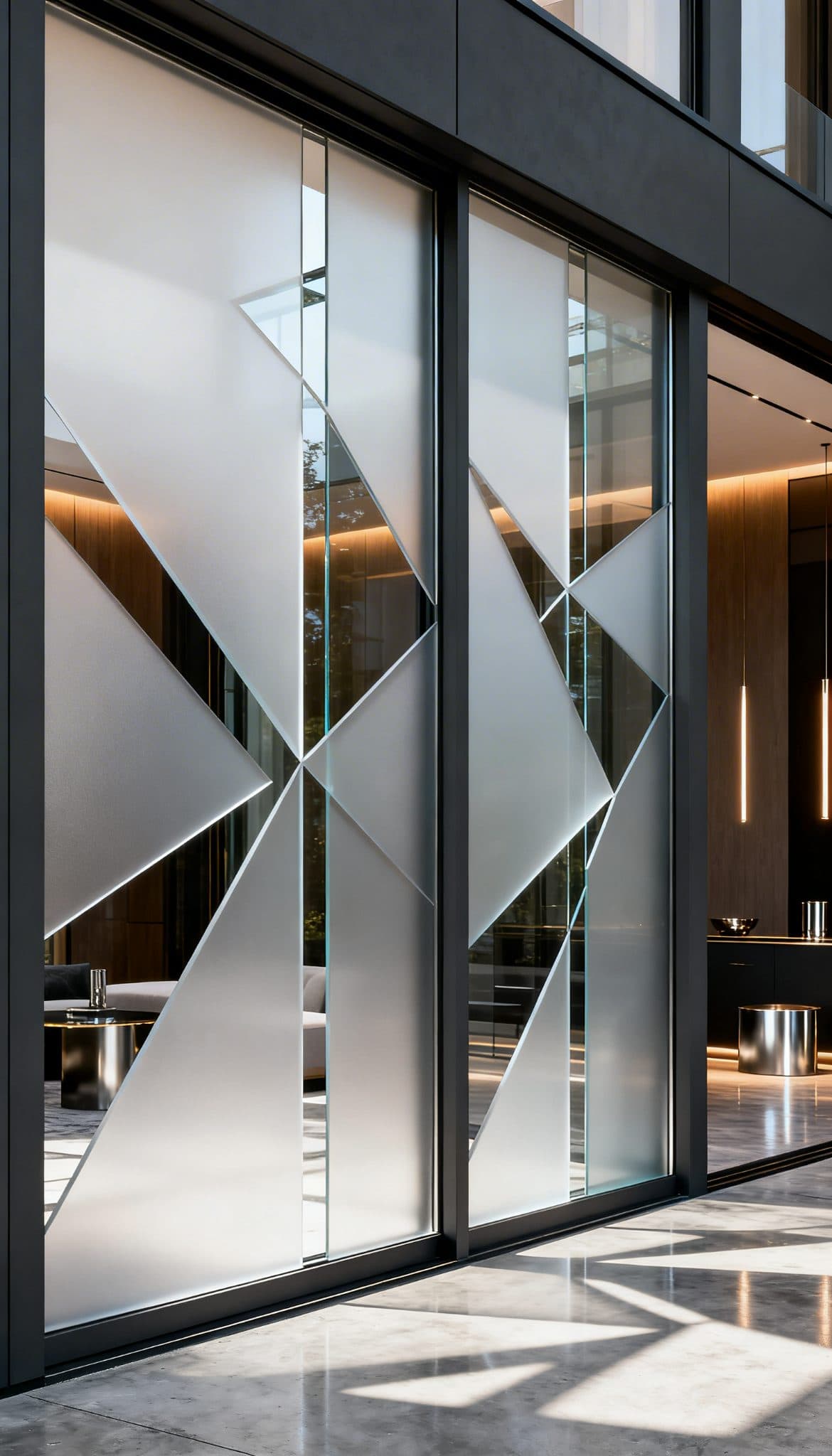 Modern geometric angles frost film on glass paneling, a custom wallpaper installation in Gauteng.