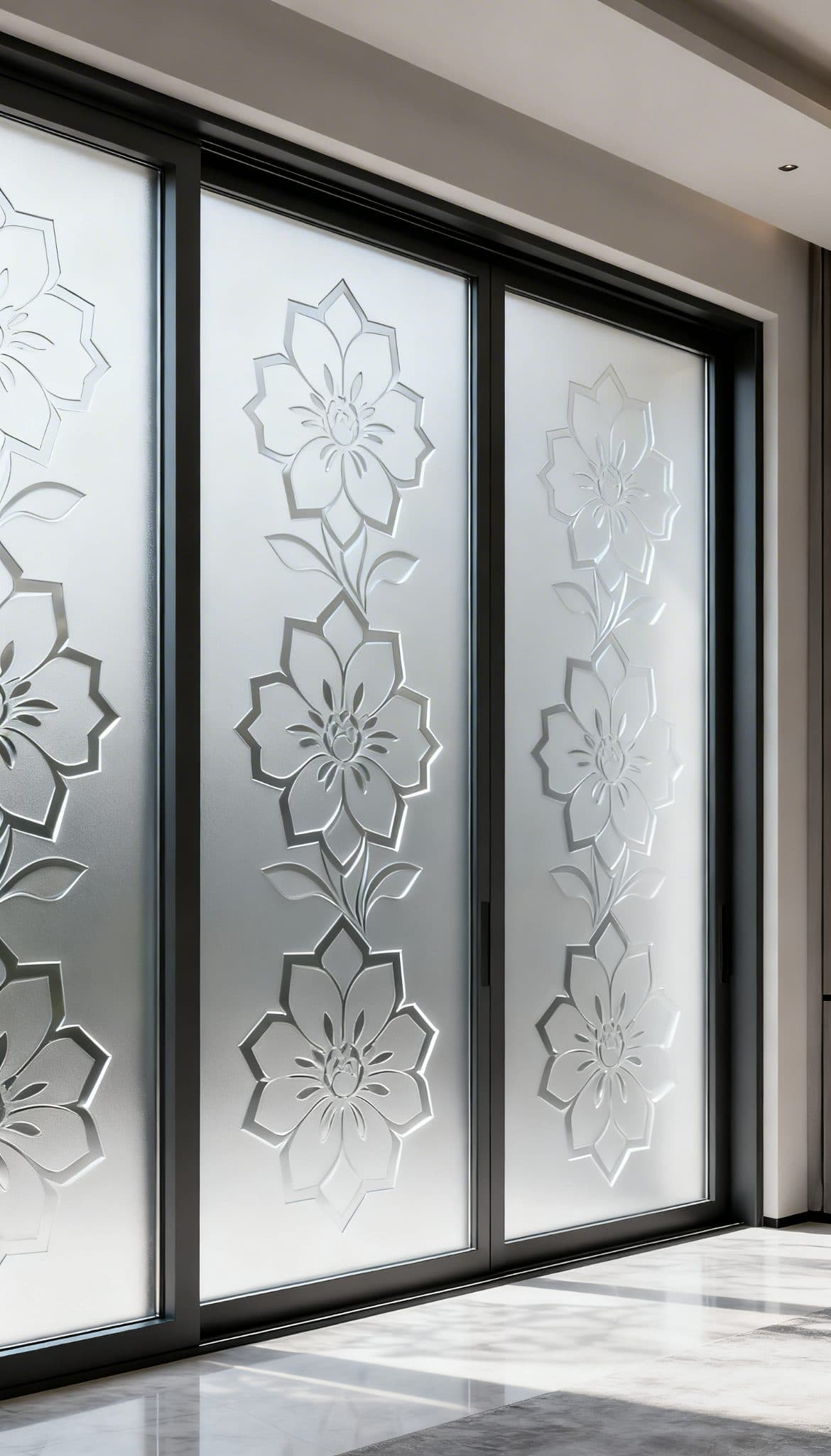 Sliding glass doors with a frosted peony bloom custom wallpaper, ideal for modern privacy solutions in Johannesburg.