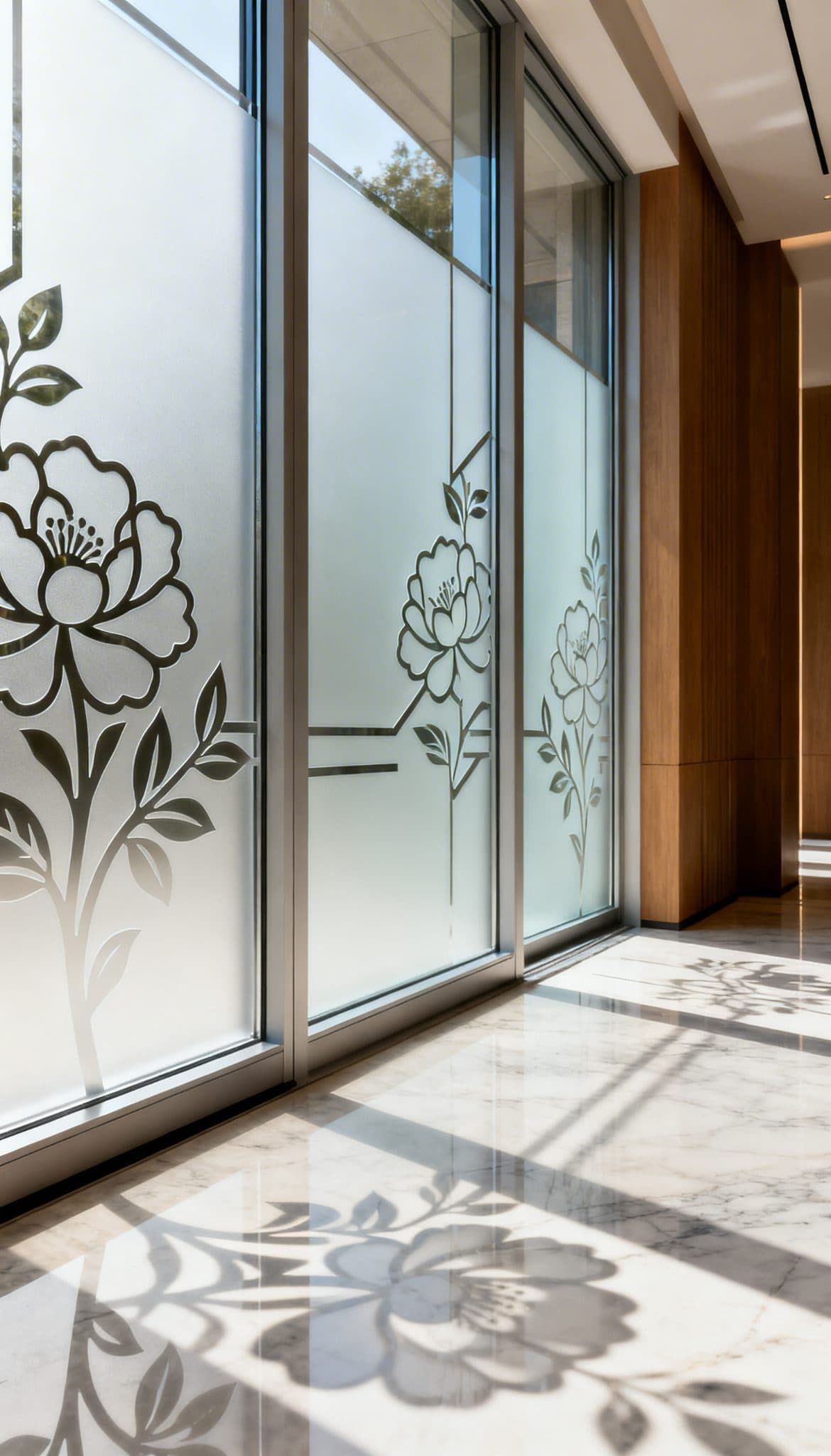 Frosted window film with floral designs and shadows on the floor, perfect for wallpaper installations in Gauteng.