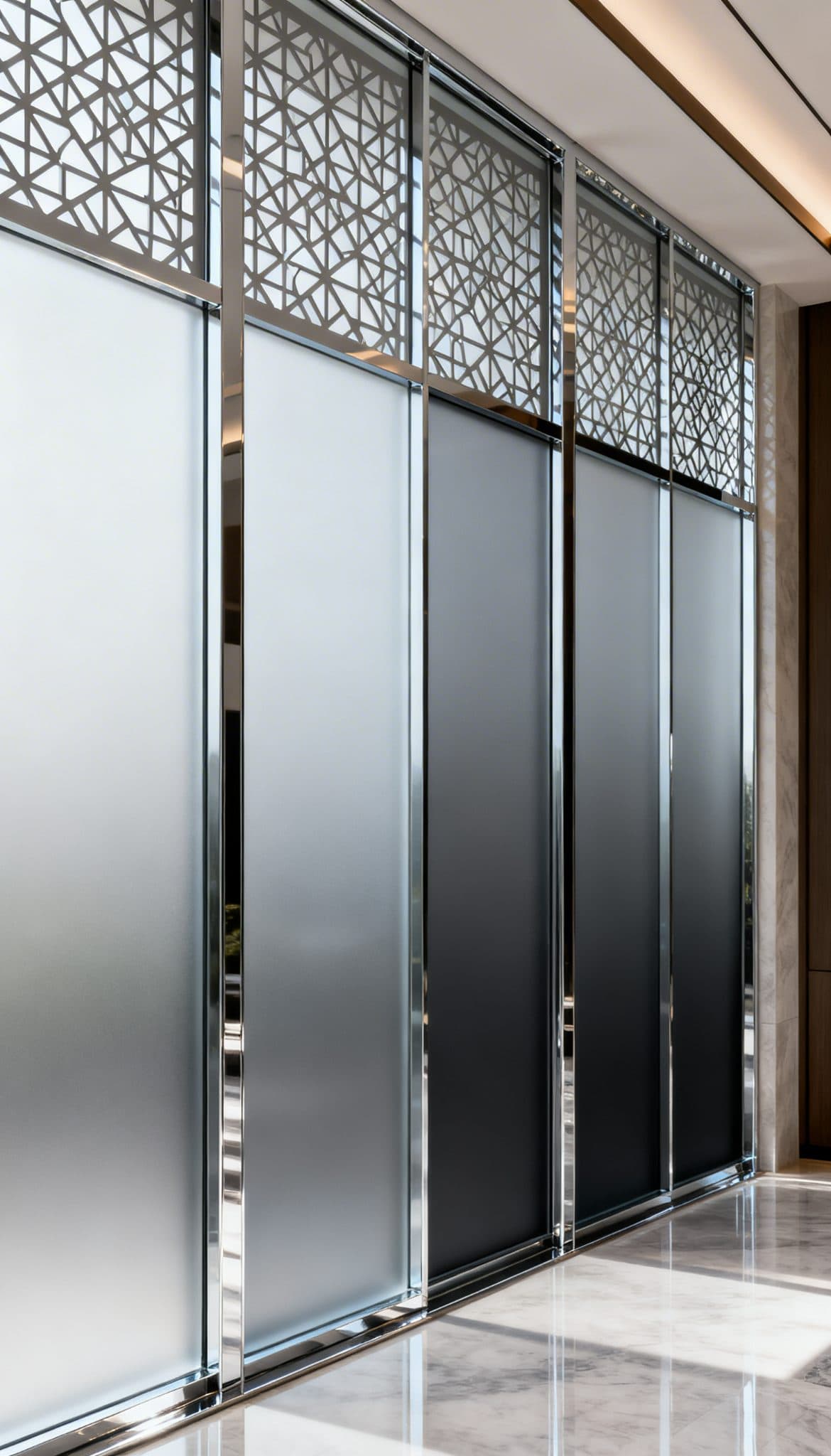 Window frosting with a geometric lattice pattern, perfect for custom wallpaper installations.