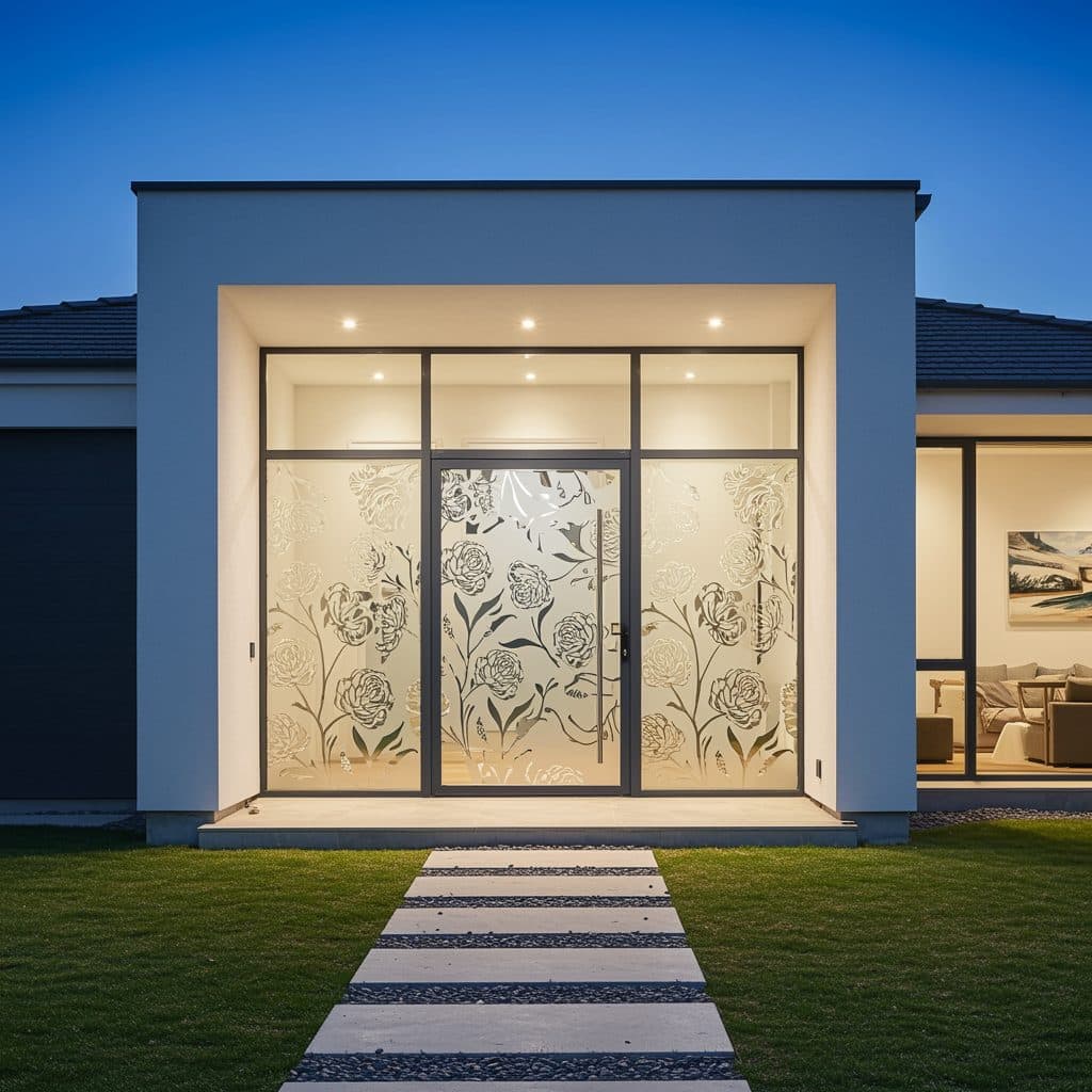 Floral window frosting on a modern home's entrance, offering custom wallpaper installations in Gauteng.