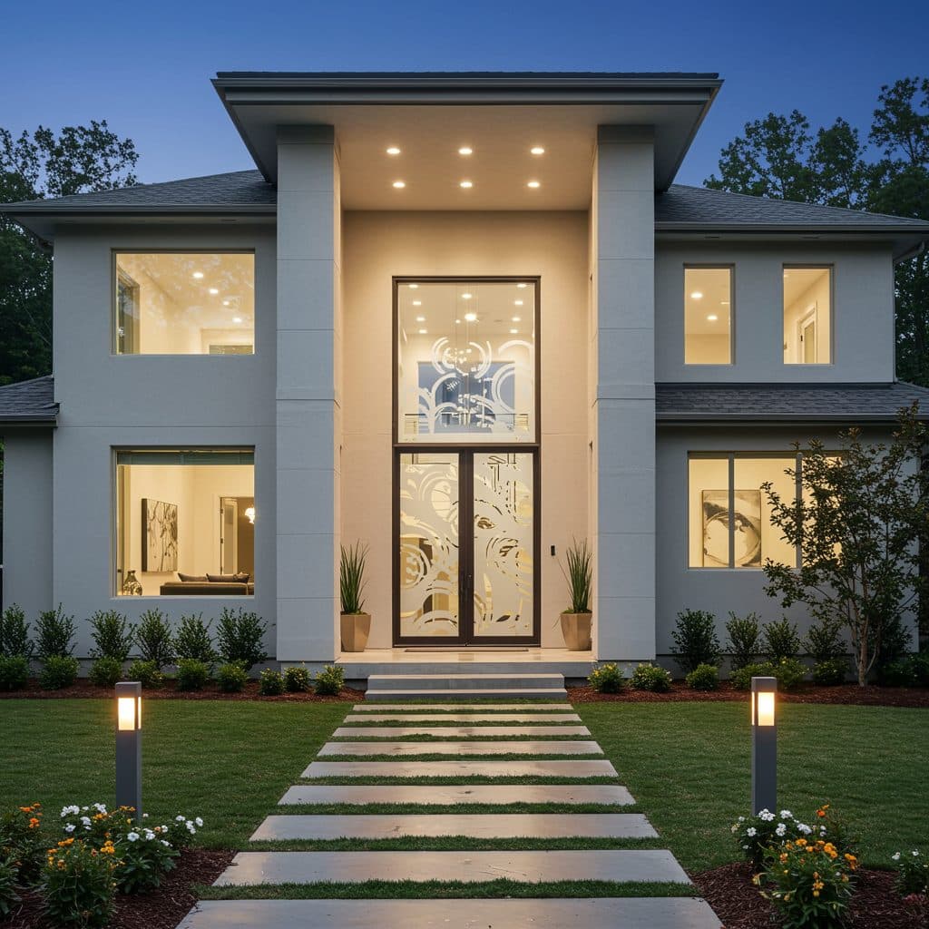 Modern home entryway featuring elegant swirl frosted film on prominent glass doors, a custom wallpaper installation.