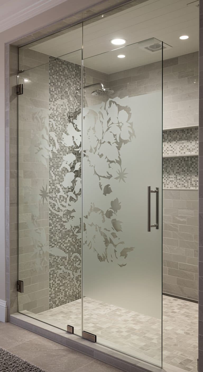 Glass shower door with floral frost design adds privacy and elegance, a great alternative to a wall mural.
