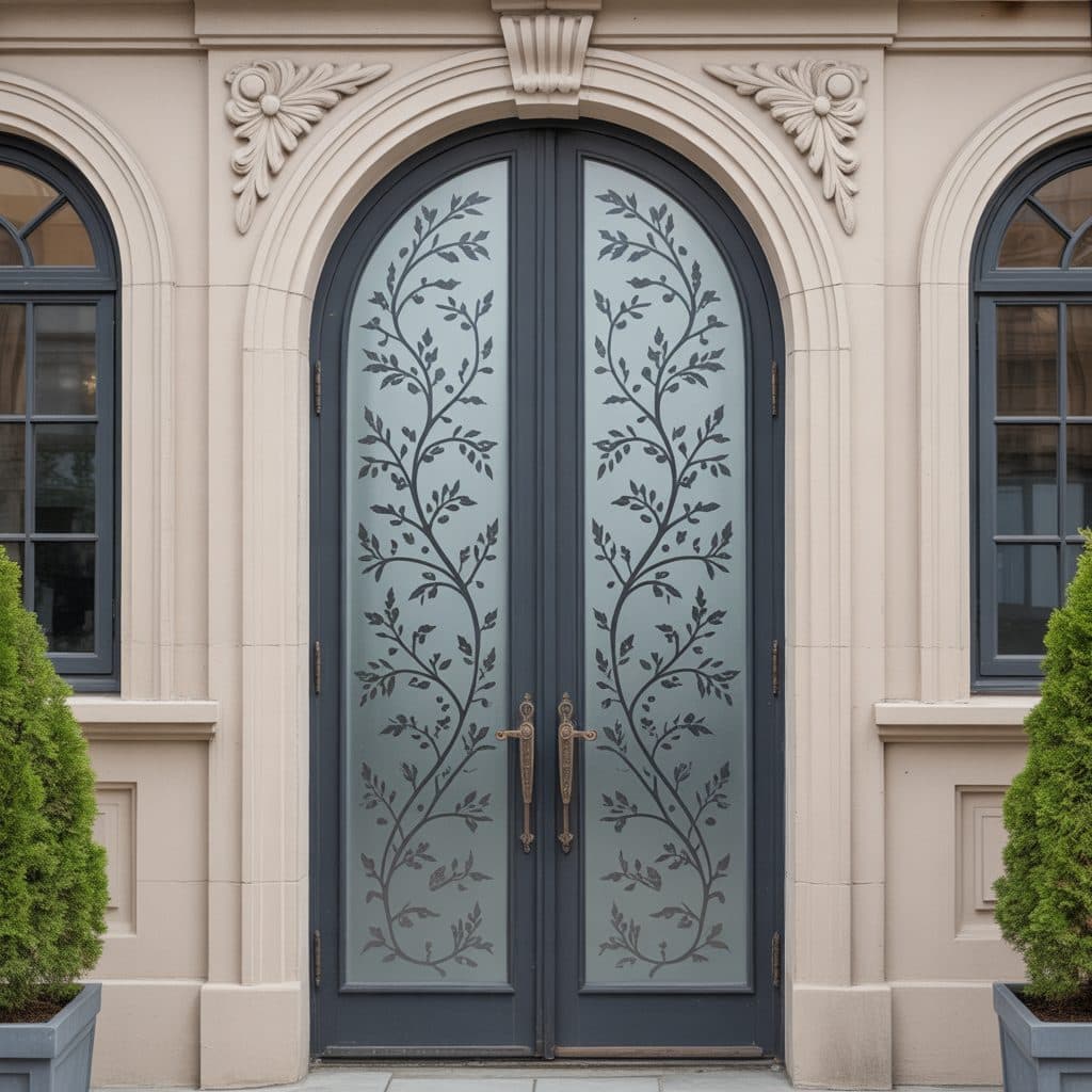 Front door with elegant branch privacy film, like a custom wallpaper mural, perfect for installations in Johannesburg.