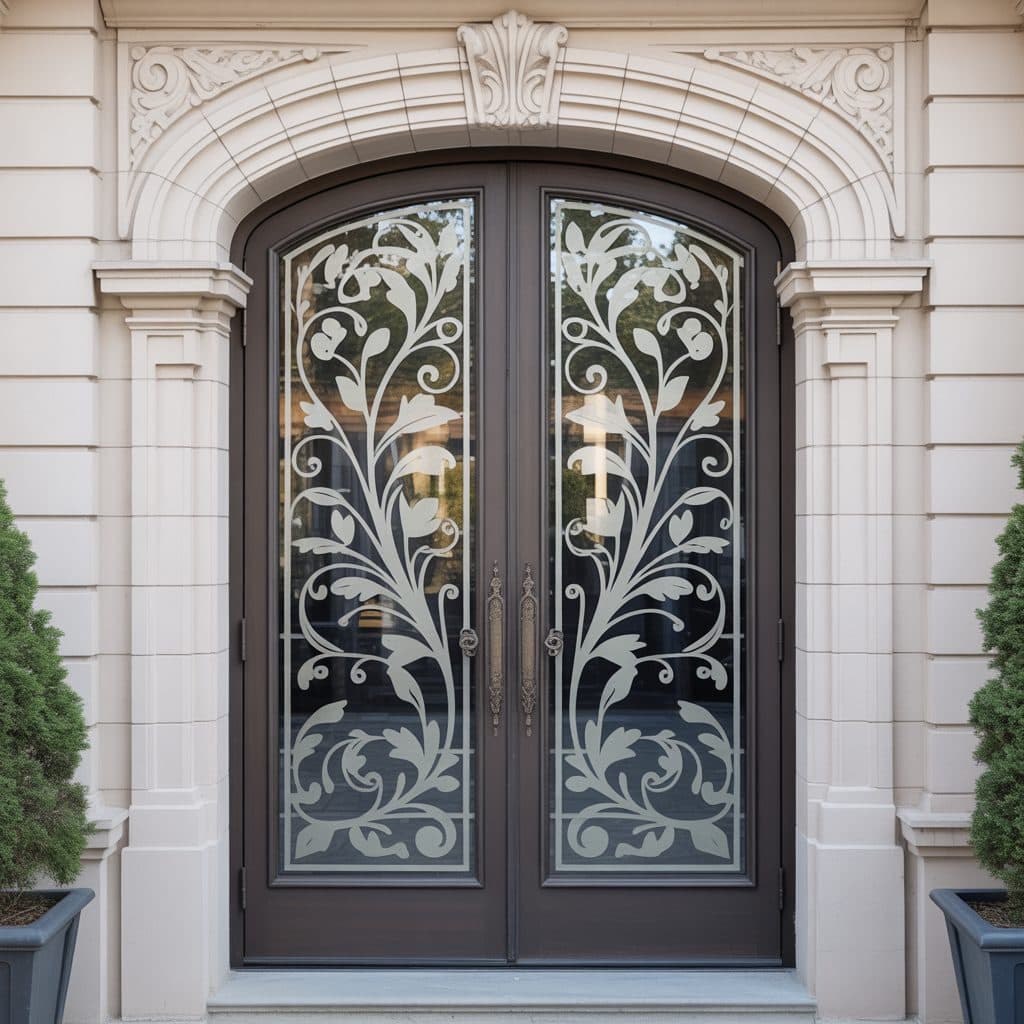 Double front doors with intricate scrollwork glass frosting, ideal for custom wallpaper installations.