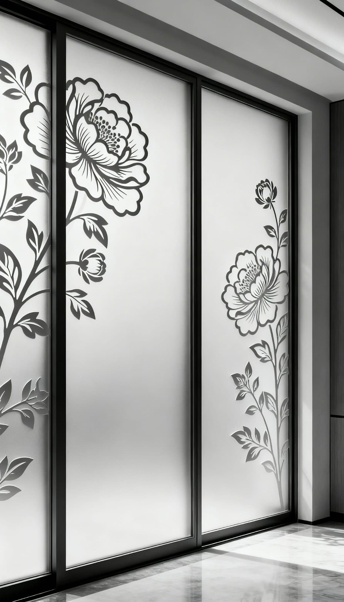 Frosted window film with a floral design, perfect for custom wallpaper installations in Gauteng.
