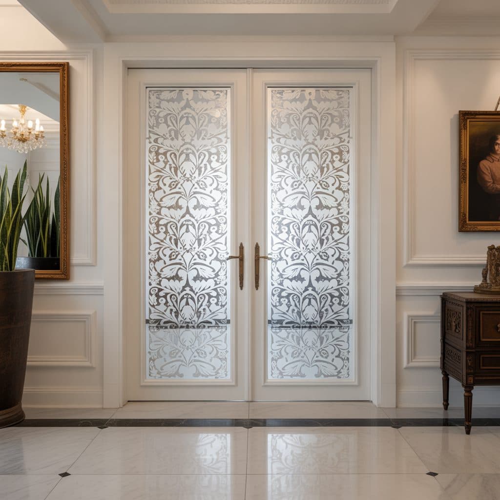 Double doors with ornate framed frosted film, an alternative to wall murals, in an elegant entryway.
