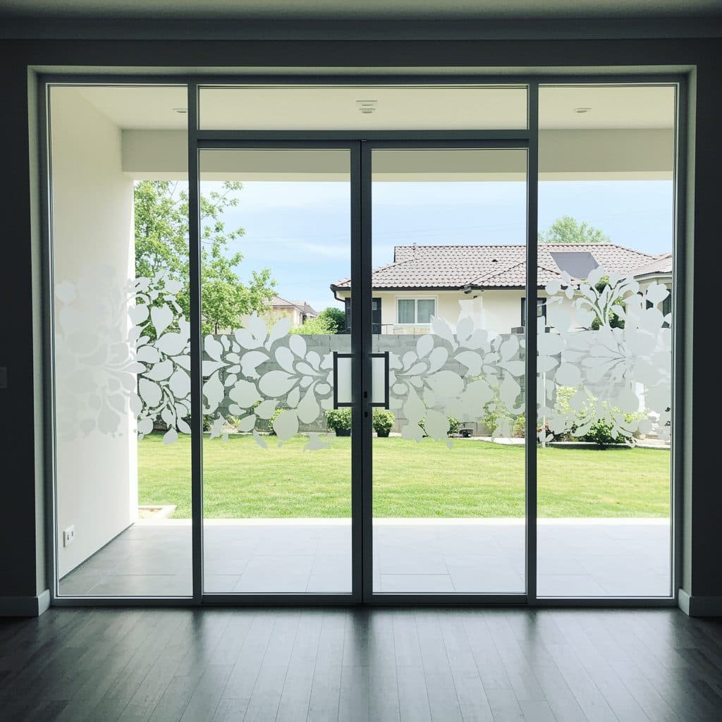 Sliding glass doors with a frosted floral pattern looking out onto a green lawn, ideal for custom wallpaper.