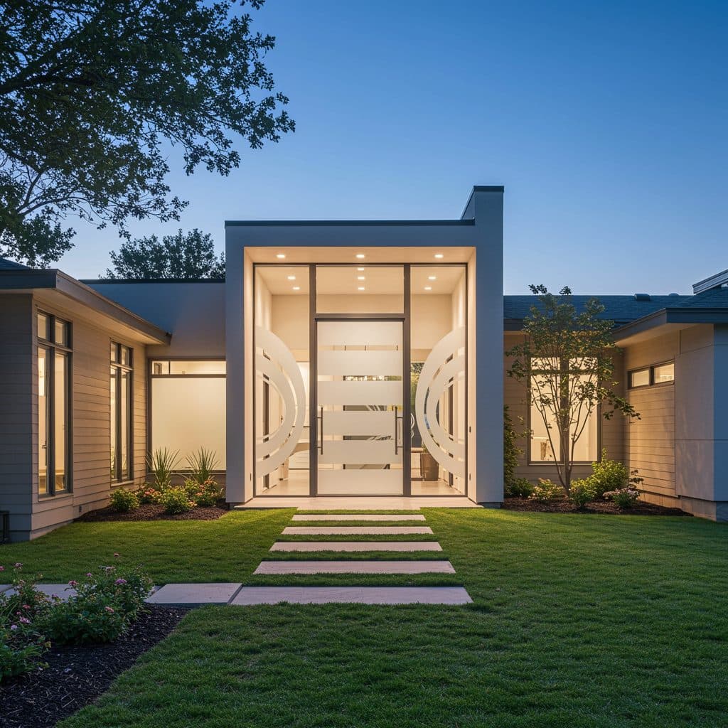 Modern house entrance with frosted glass doors, a beautiful example of wallpaper installations in Gauteng.