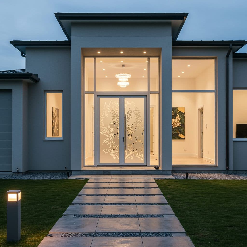 Frosted film with an organic wavy design on a modern home's double front doors, enhancing curb appeal.