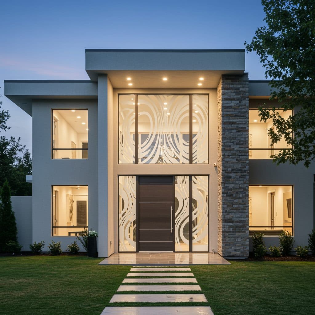 Modern home entrance with window frosting showcasing a floral pattern design, perfect for custom wallpaper installations.