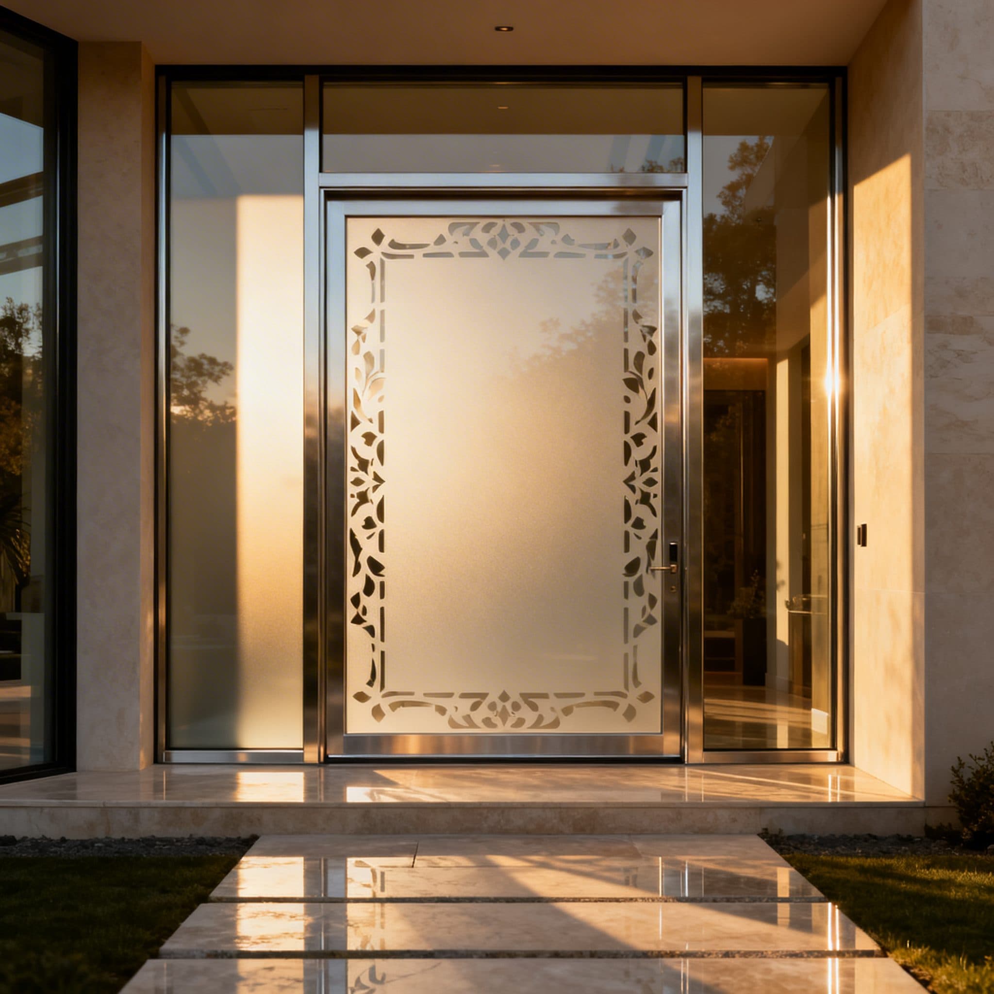 Frosted glass door with an ornate border design, perfect for wallpaper installations in Gauteng.