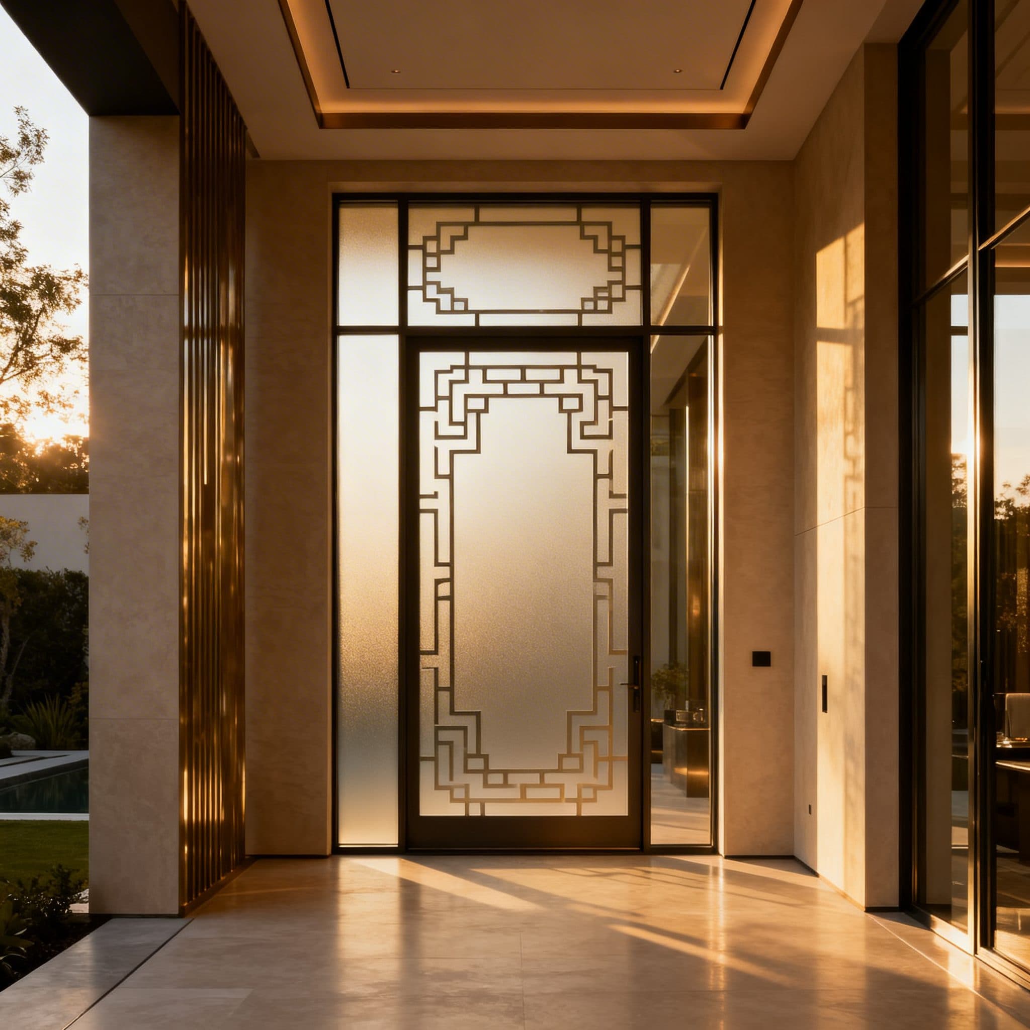 Modern entryway with abstract patterned window frosting, ideal for wallpaper installations in Gauteng.