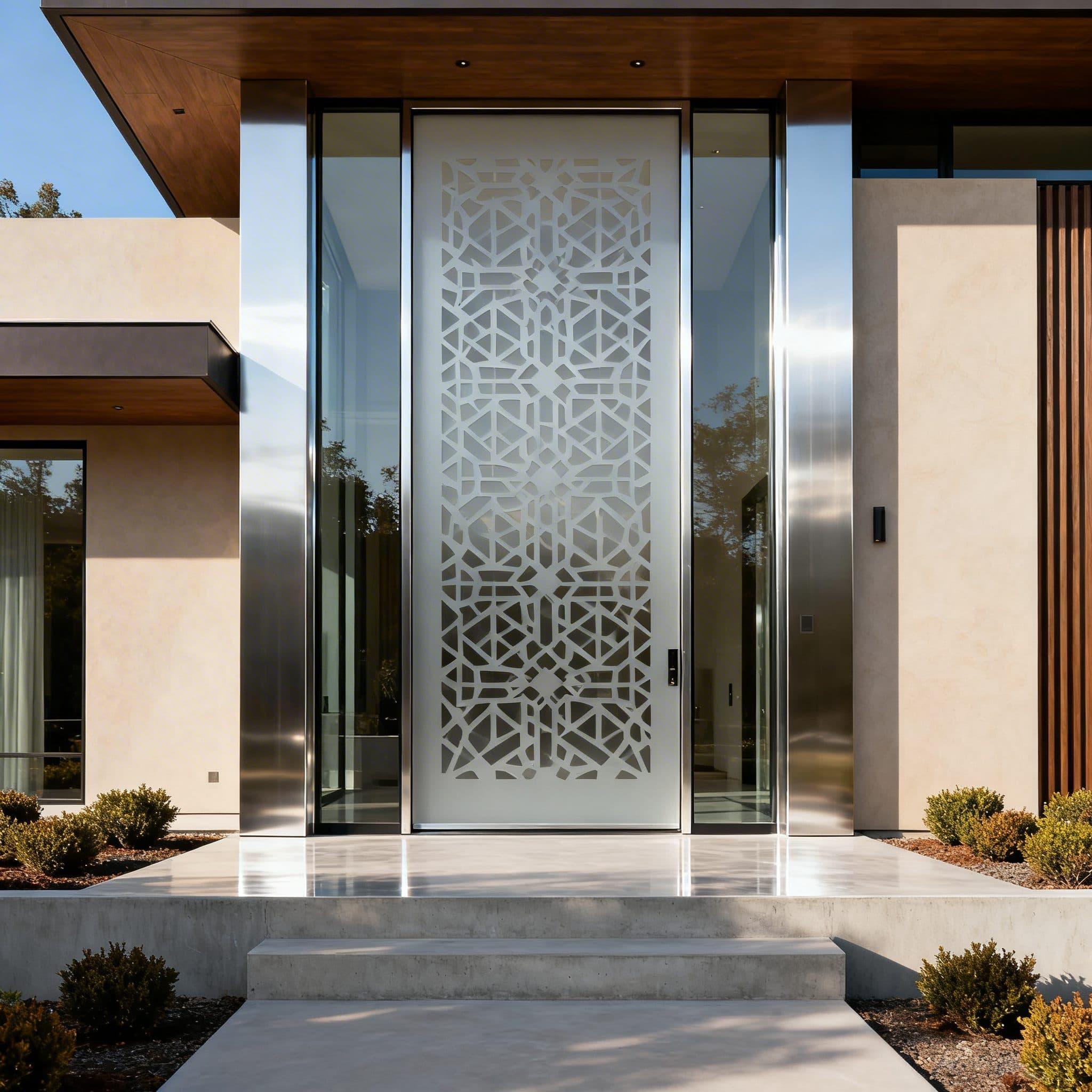 Frosted window film with abstract geometric pattern on a stylish modern building entrance