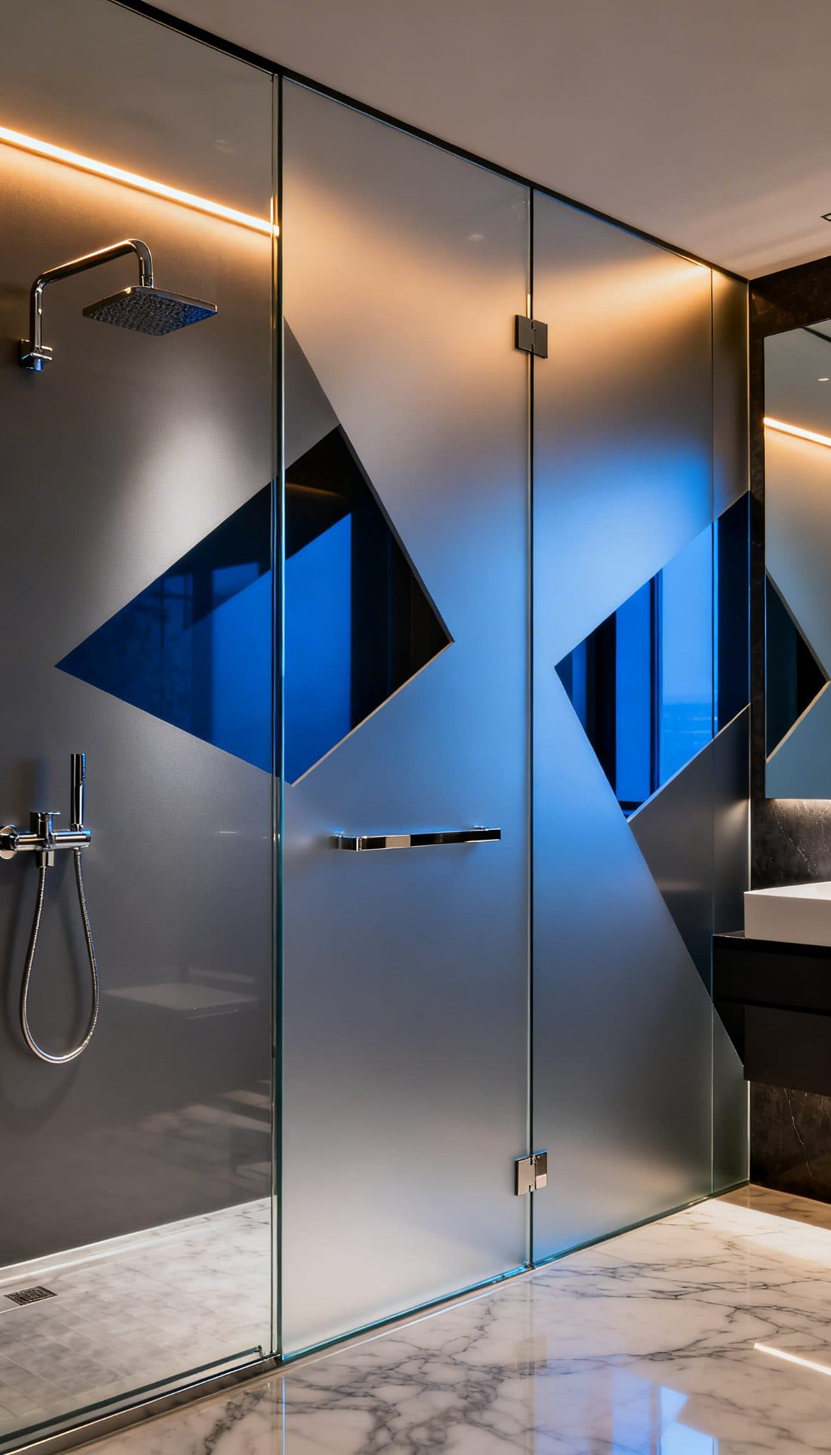Bathroom with frosted glass shower screen featuring abstract geometric shapes. Imagine custom wallpaper installations.