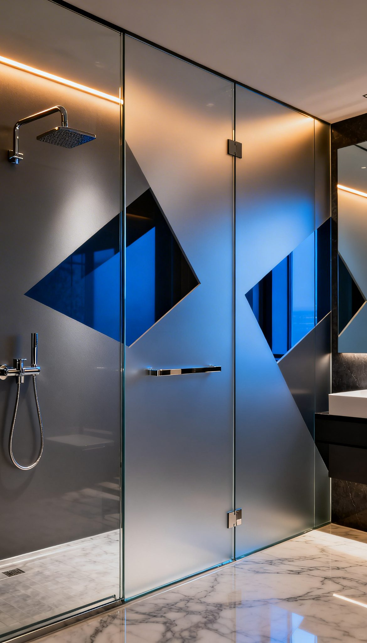 Bathroom with frosted glass shower screen featuring abstract geometric shapes. Imagine custom wallpaper installations.
