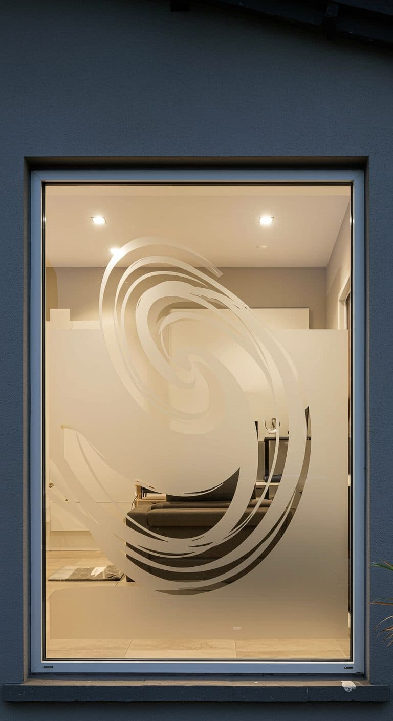 A window with a spiral swirl frosted film design, providing privacy for the indoor space.