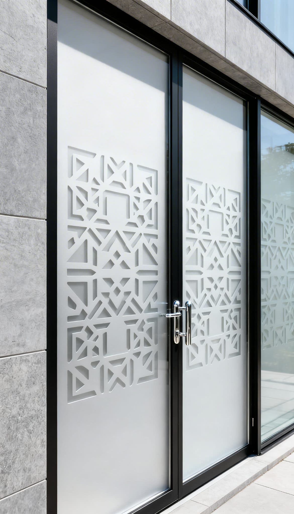 Frosted glass door film with a geometric pattern, like a custom wallpaper design for privacy and style.