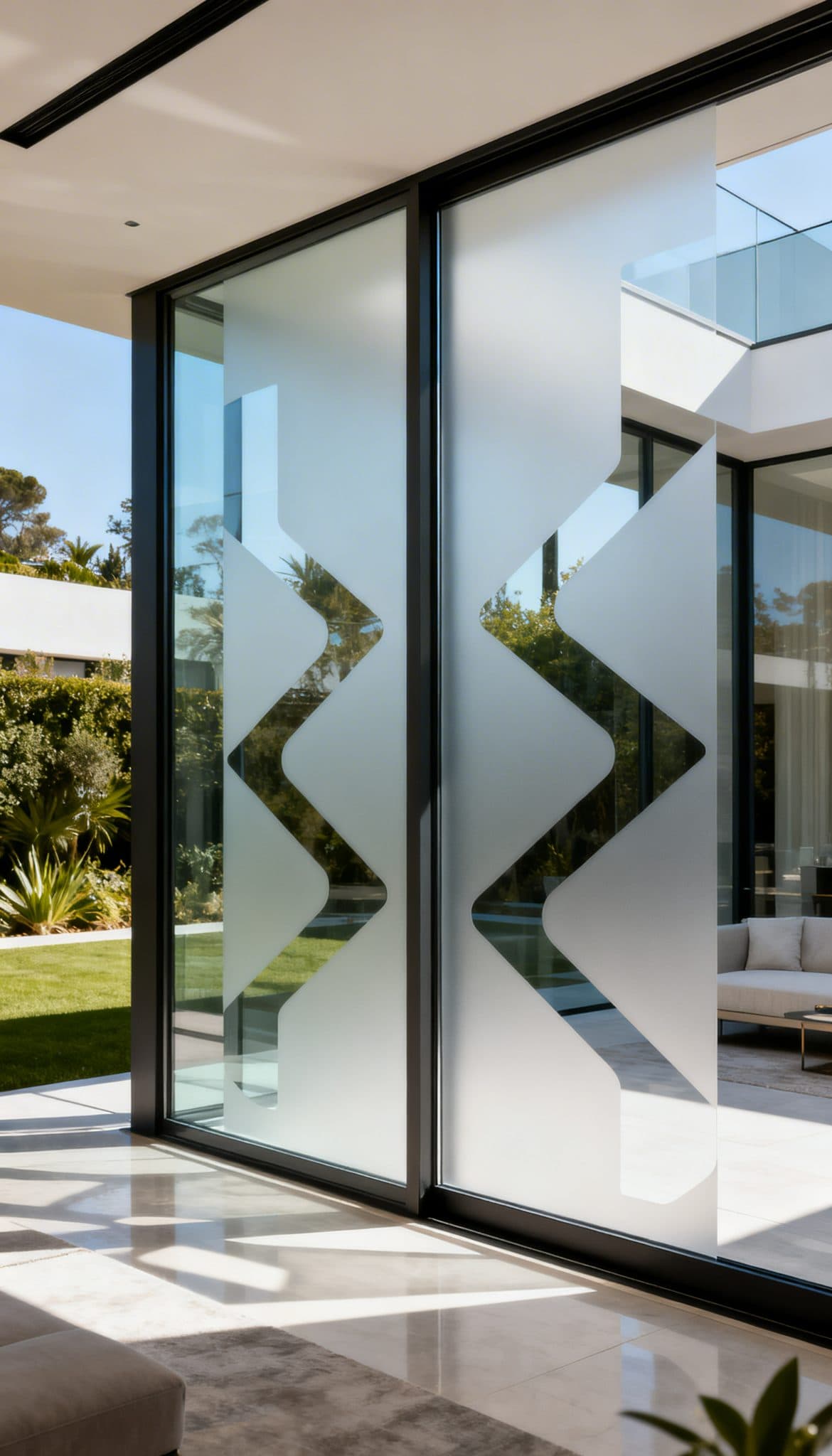 Sliding glass doors with abstract wavy privacy film overlooking a garden, perfect for a custom wallpaper installation in Gaut