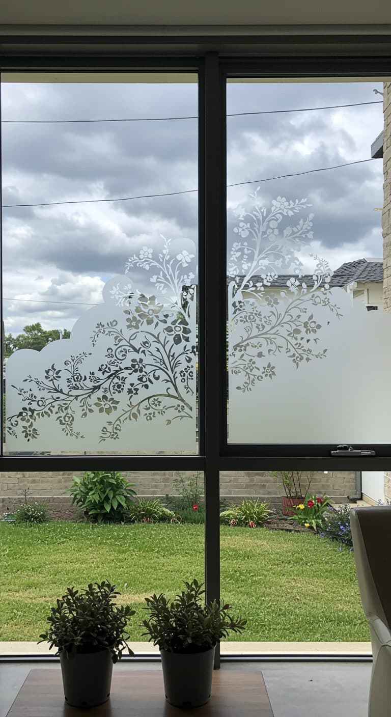 A window with intricate floral silhouette privacy film, offering an alternative to a traditional wall mural.