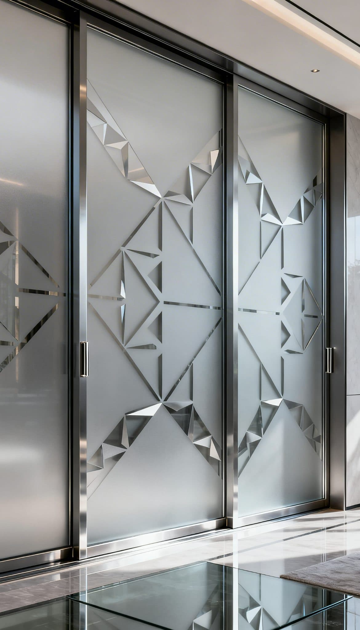 Sliding glass doors with geometric metallic window frosting, a stylish alternative to wallpaper.
