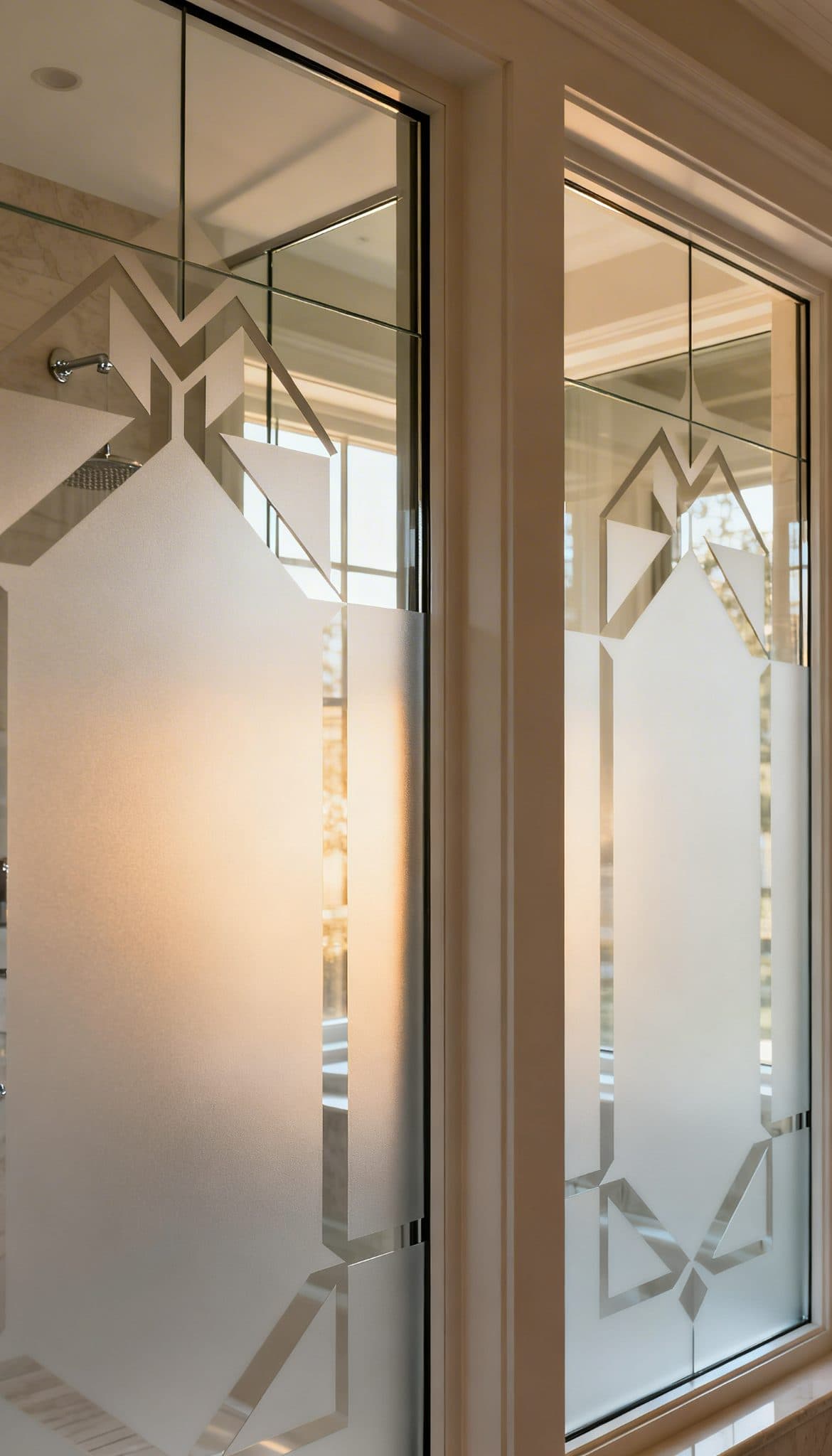 Geometric window film design adding privacy to a bathroom, similar to custom wallpaper installation.
