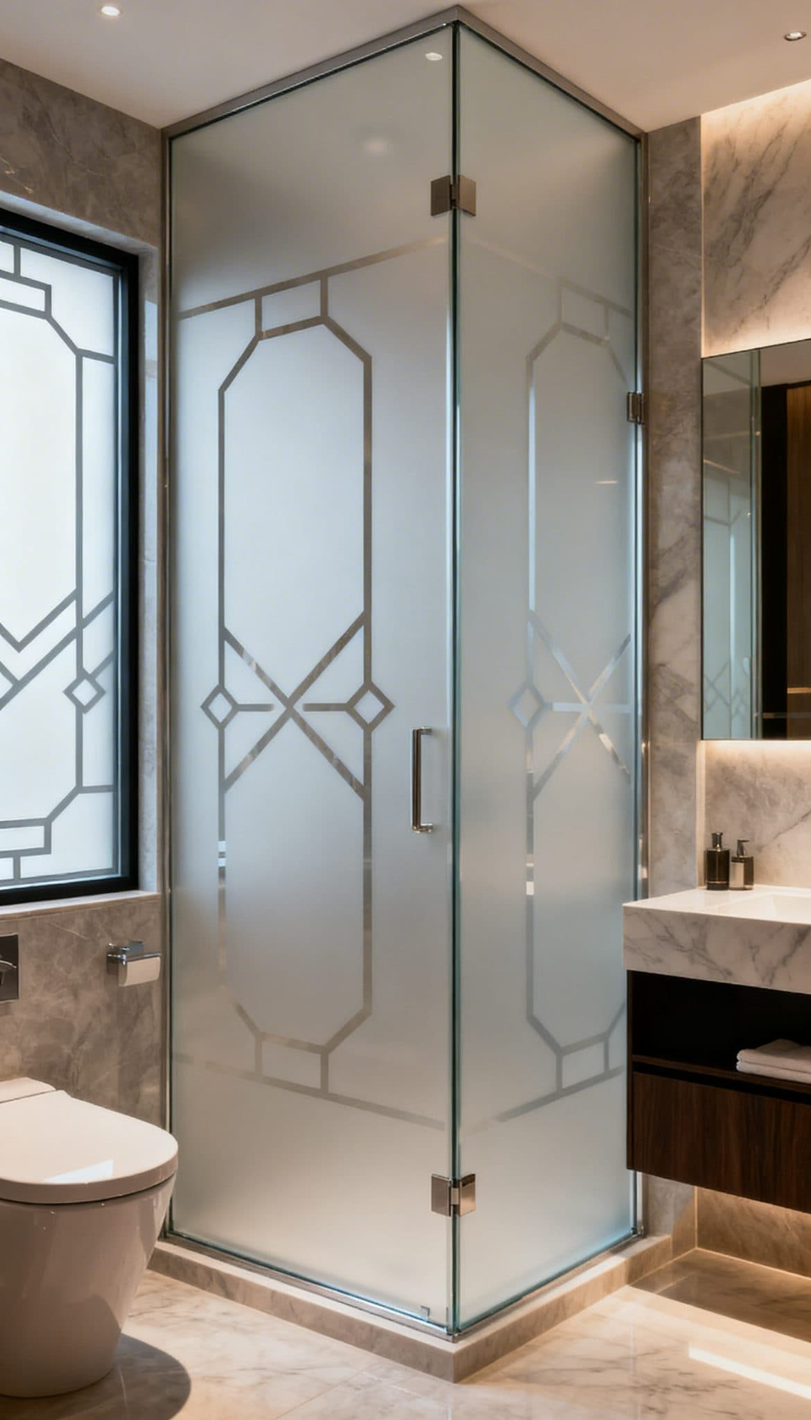 Modern geometric shower film in a stylish bathroom, with a custom wallpaper installation on the window