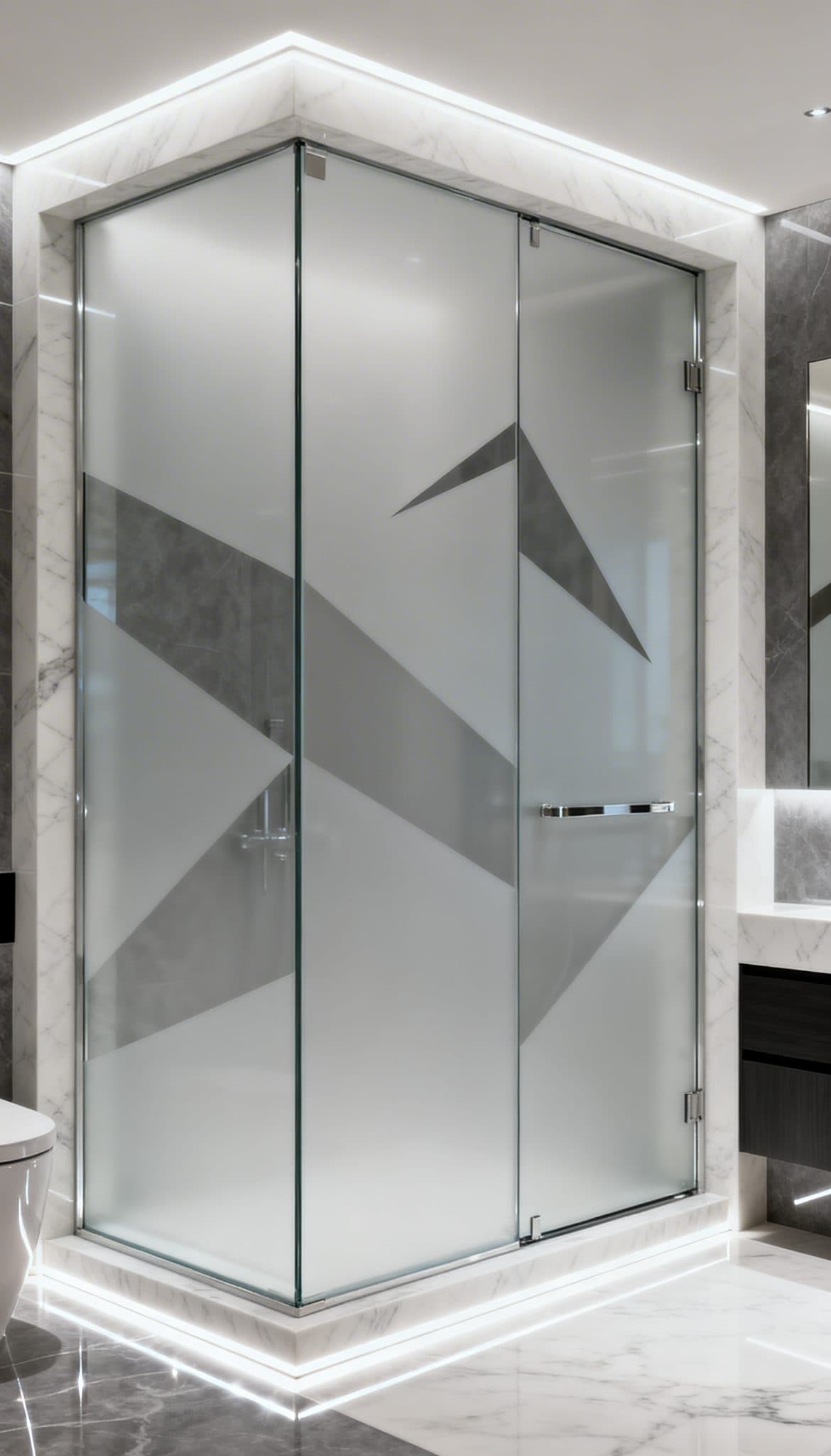 Geometric frosted glass shower enclosure with gray abstract patterns, ideal for custom wallpaper installations.
